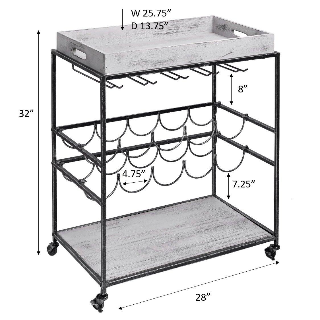 Old Dutch International Avalon Wine/Serving Cart 28" x 16" x 32" Antique Pewter, Barnwood Gray Stained Rubberwood 612BP