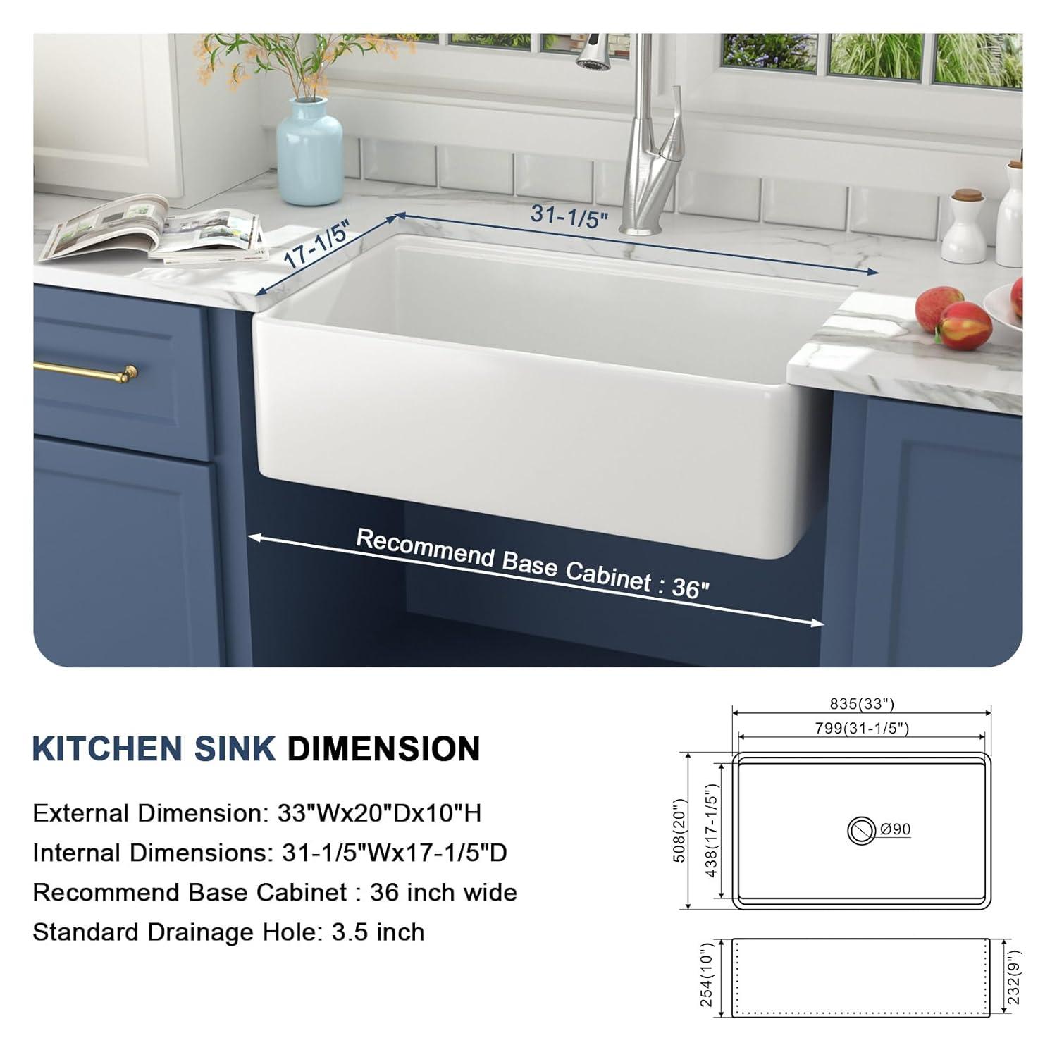 33"L x 20"W Farmhouse Kitchen Sink Deep Single Bowl Fireclay Workstation Sink with Cutting Board and Dish Drying Rack