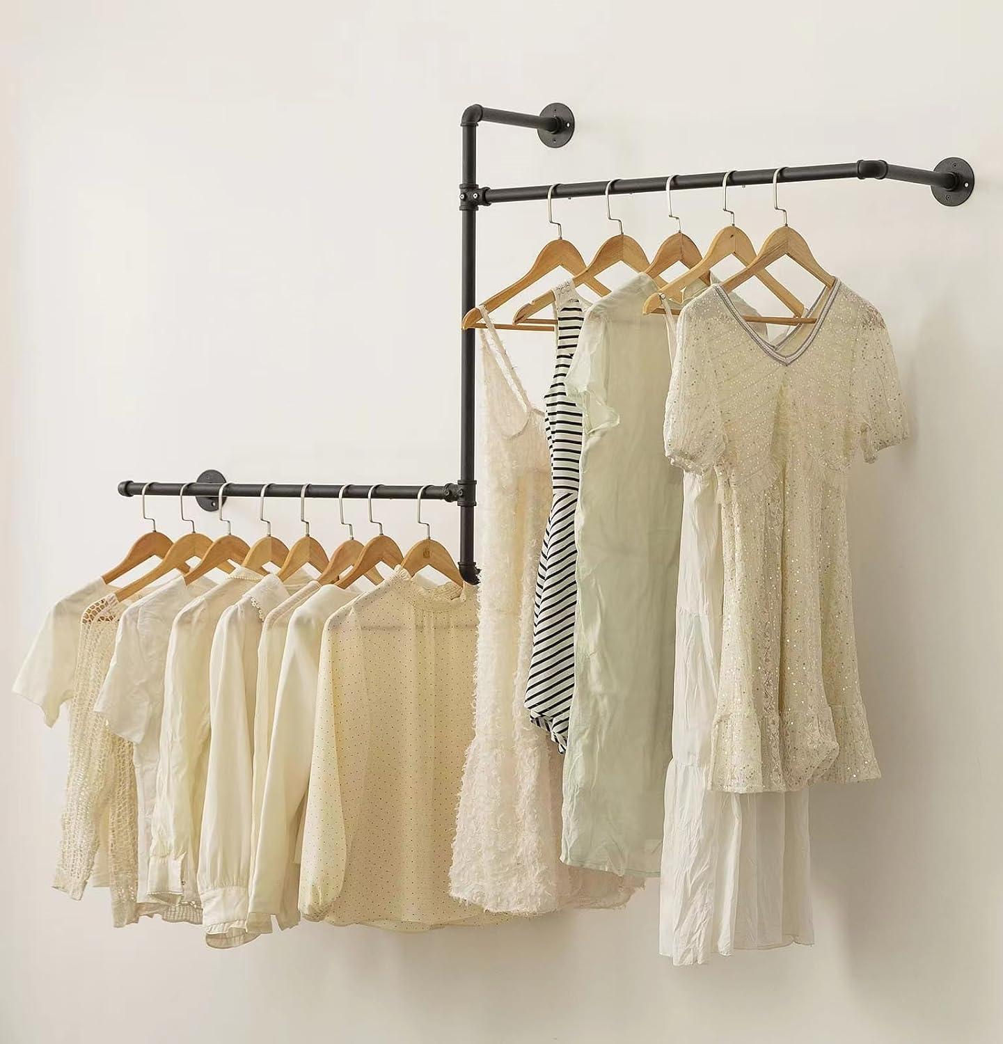 Industrial Pipe Clothes Rack Wall Mounted Clothing Rack,Heavy Duty Iron Pipe Garment Rods,Detachable Multi-Purpose Clothing Hanging Rod/Garment Bar, Black