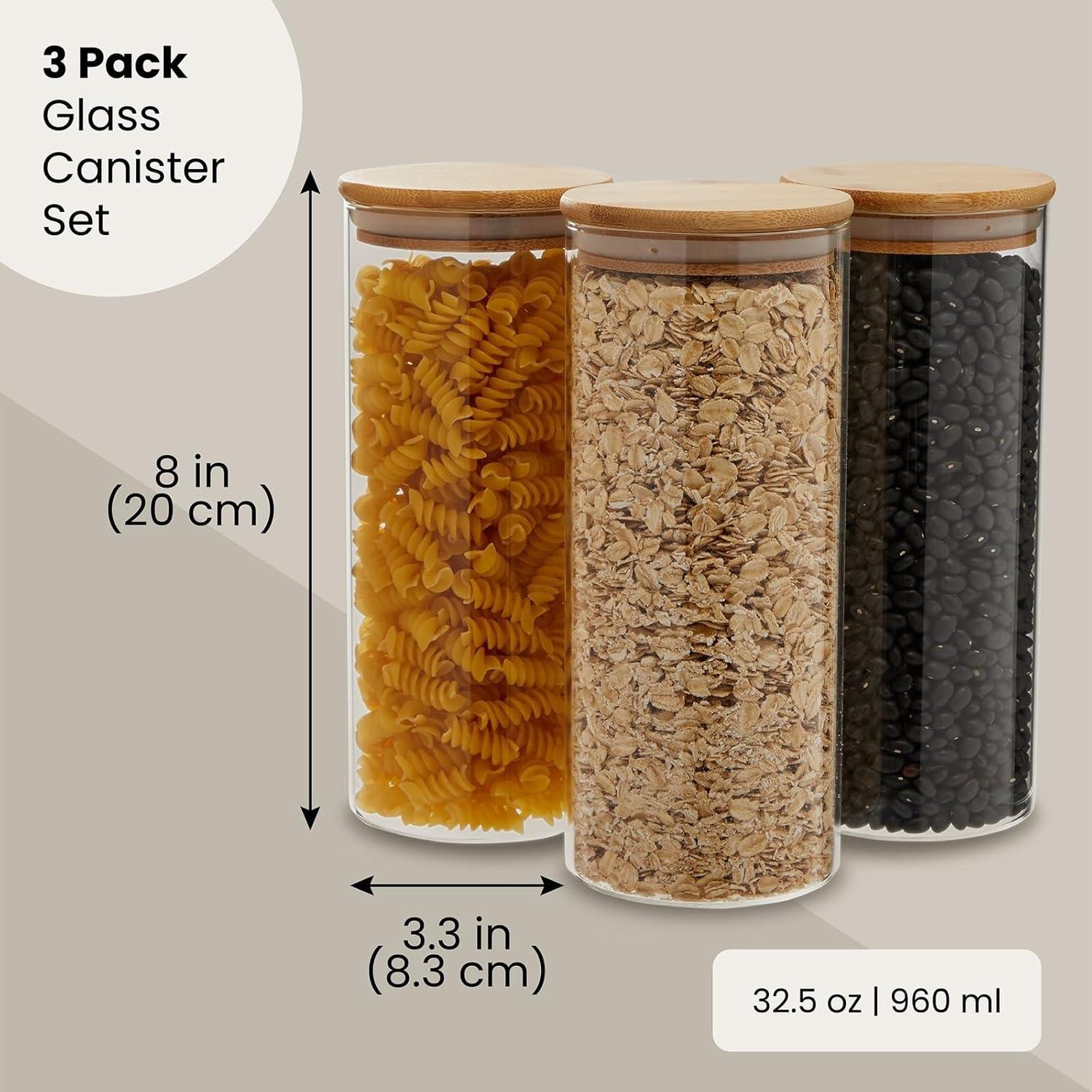 Juvale 3 Pack Glass Storage Containers with Bamboo Lids, Airtight Canisters for Pantry (32.5 oz)