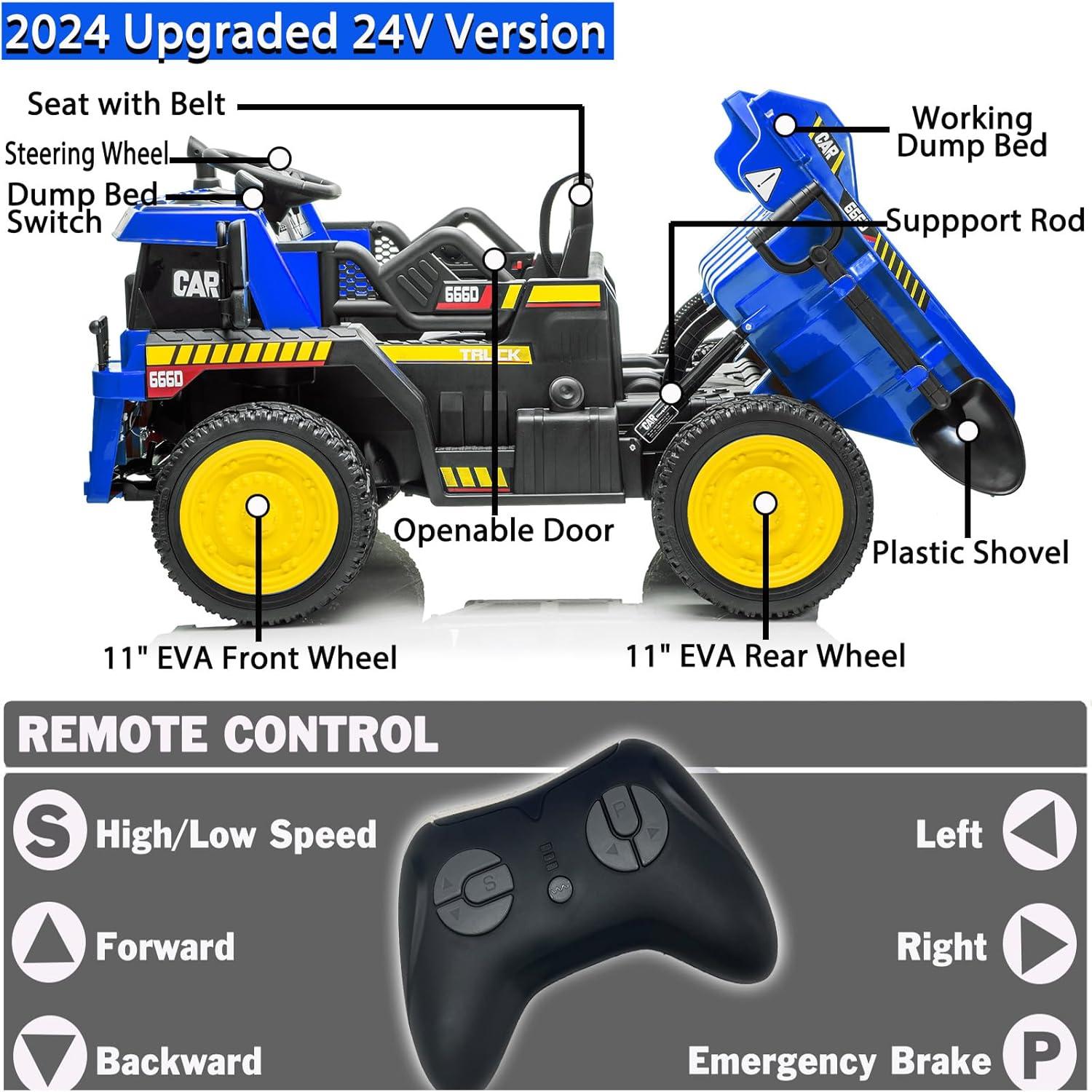 NEWQIDA 12V Ride On Dump Truck for Kids Car with Remote Control Construction Vehicles with Electric Dump Bed/Shovel, Ride On Toys for Boys Girls, 19" Spacious Seat, Music, Soft Start, Music, Blue