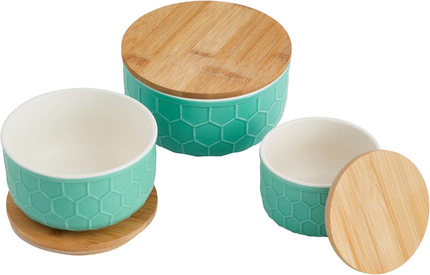 Desert Fields Round Mint Green Stoneware Bowls with Bamboo Lid, 6", Set of 3 Pieces