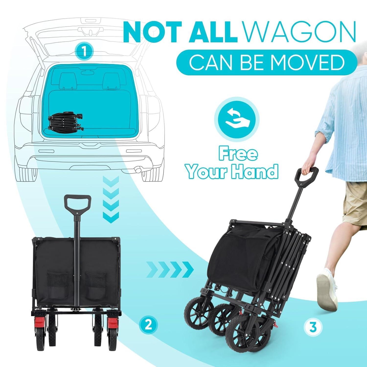 Sekey 43" Extended Collapsible Wagon 400L Large Capacity, 440LBS Heavy Duty Folding Utility Garden Cart with All-Terrain Wheels for Camping, Sports, Shopping.Black
