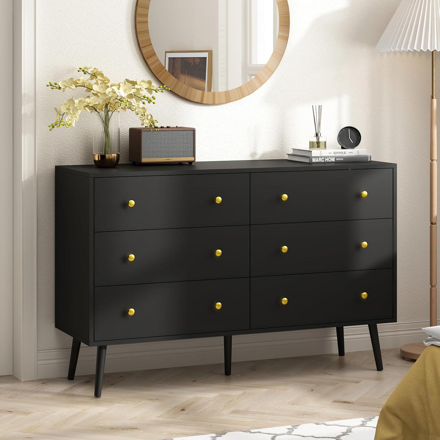 Black Dresser for Bedroom, Modern 6 Drawer Dresser, Wide Chest of Drawers with Gold Handles, Wood Double Dresser Storage Cabinet for Living Room, Bedroom, Hallway