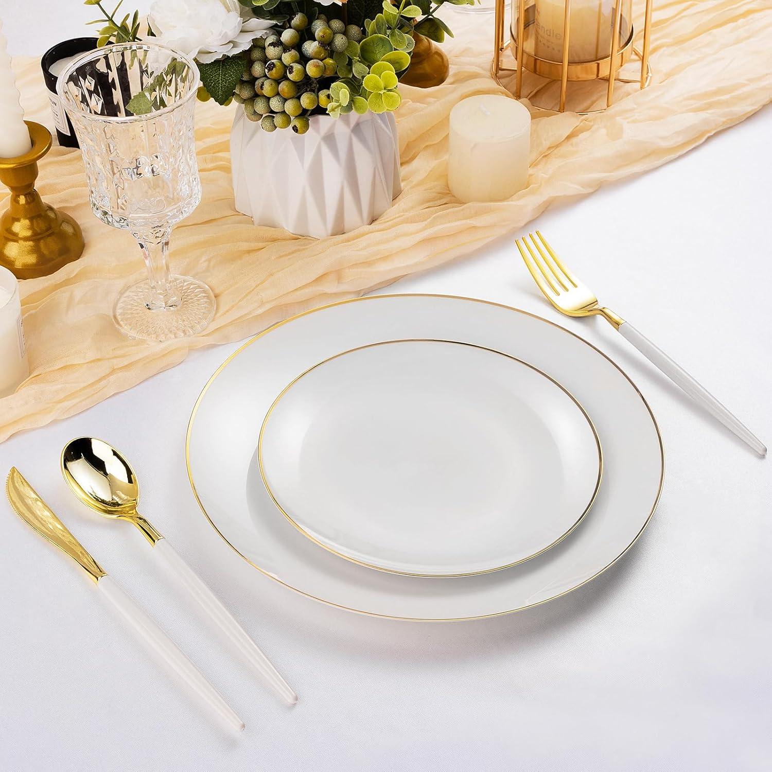 Elegant White and Gold 10.25" Plastic Dinner Plates Set