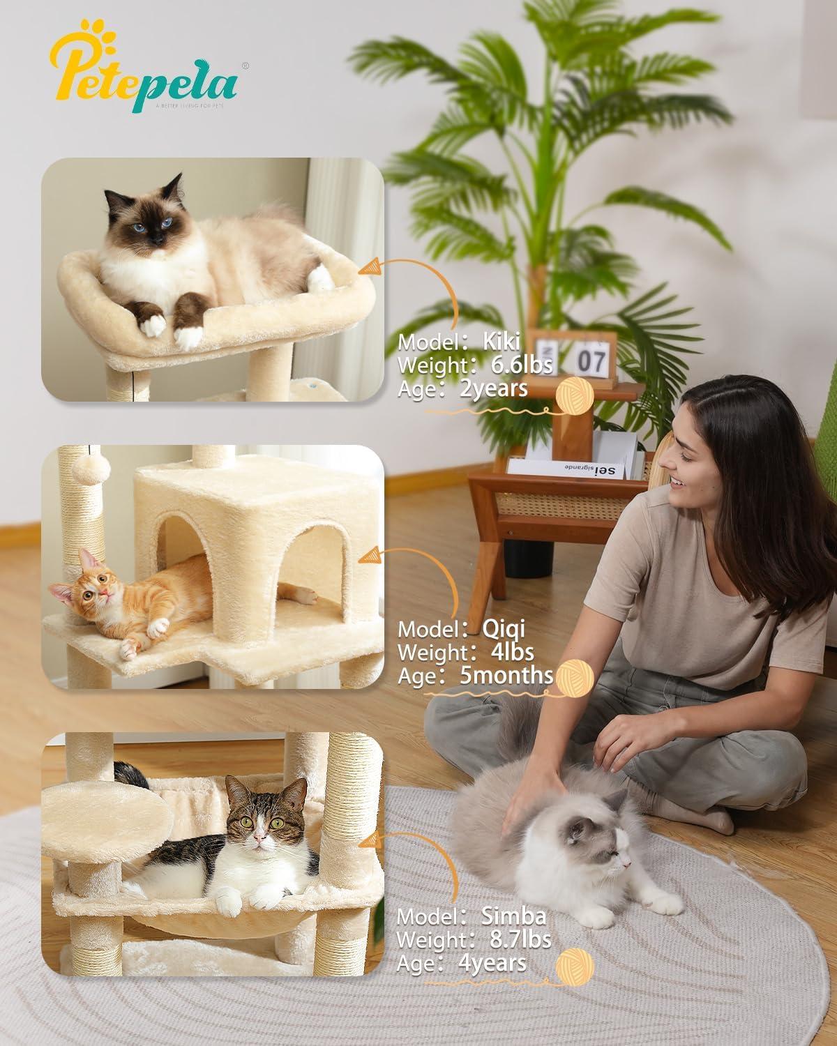 45.7" Cat Tree for Indoor Cats, 5-Level Cat Tower for Large Cats with Metal Frame Large Hammock (17.3"x15.3"), Cat Condo with (18.5"x13") Big Top Perch & 4 Sisal Covered Scratching Post Beige