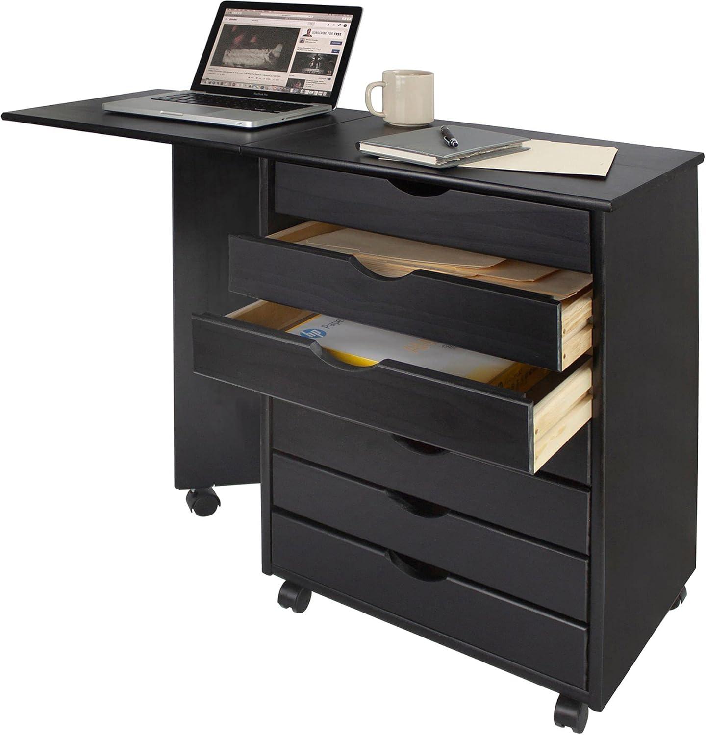 Solid Wood   7 Drawer Gate Leg Roll Cart Desk - Black