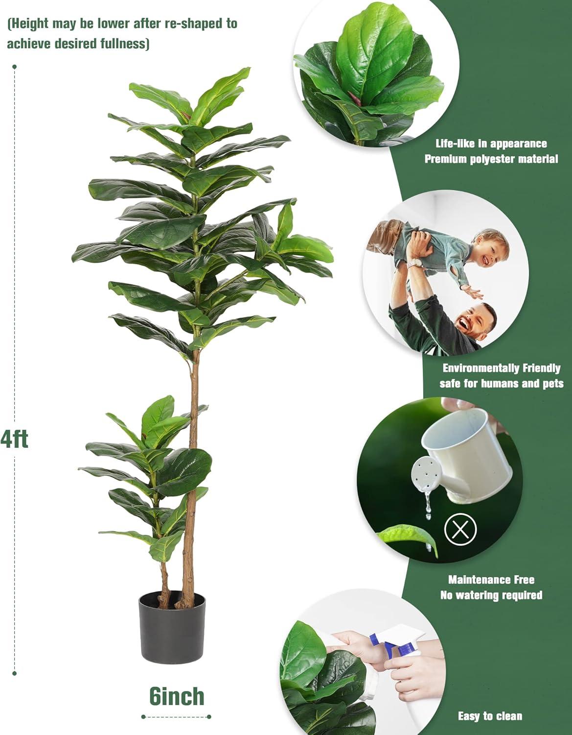 Fiddle Leaf Fig Tree Artificial Plant 4FT Tall Faux Plants Indoor Fake Ficus Lyrata Plant in Pot Artificial Fig Trees for Home Office Store Room Decor Indoor Outdoor Housewarming Gift