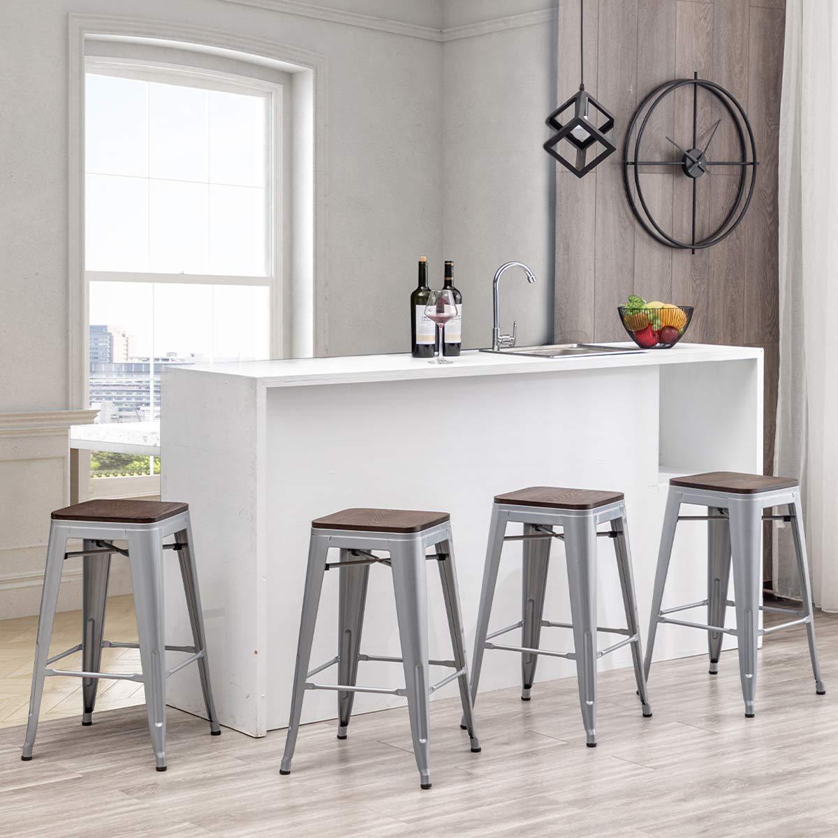 Drevy 26" Metal Counter Height Bar Stools Set of 4 Industrial Backless Kitchen Patio Counter Stool Stackable Barstools Wood Top-Silver