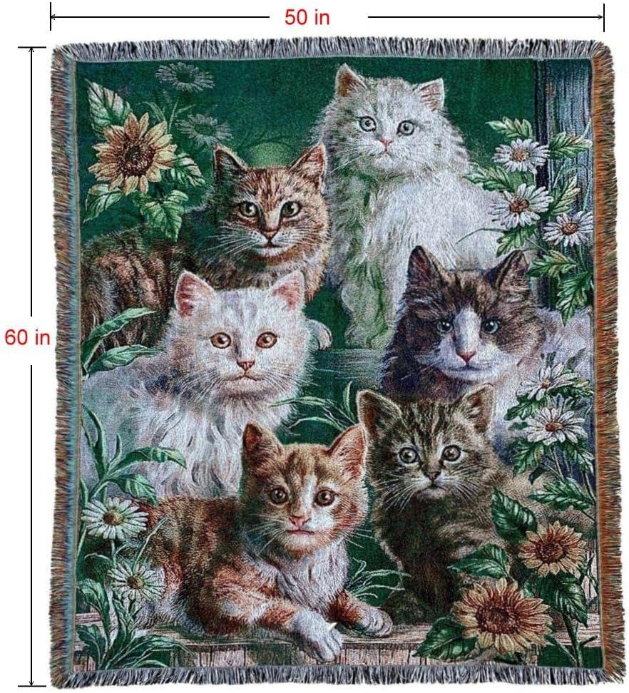 EZ.enjoy Garden Cat Flower Woven Tapestry Throw Blanket Wall Hanging Art Handicrafts Jacquard Multipurpose Soft Travel Mat Outdoor with Fringe Tassels 50 X 60 Inches