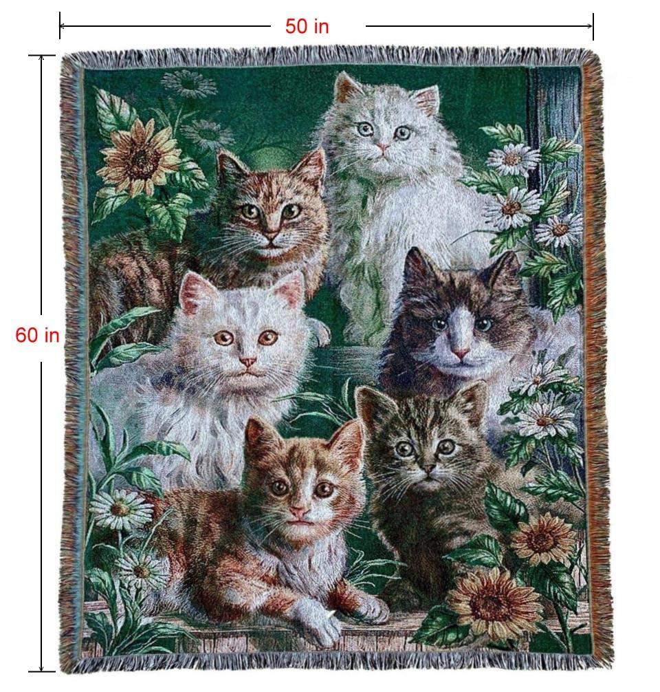 EZ.enjoy Garden Cat Flower Woven Tapestry Throw Blanket Wall Hanging Art Handicrafts Jacquard Multipurpose Soft Travel Mat Outdoor with Fringe Tassels 50 X 60 Inches