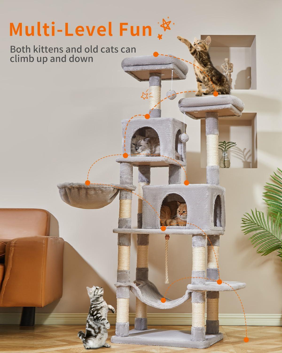 Feandrea 56.3'' Cat Tree Tower for Indoor Cats ,Multi-Level Cat Condo Cat Furniture with Scratching Posts, Perches, Hammock, Cave ,Light Gray