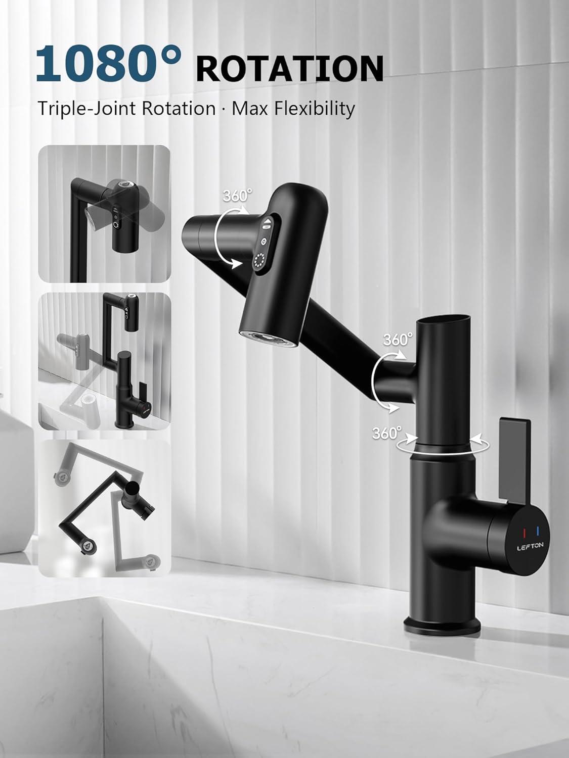 Lefton BF2204-3 Lefton Rotatable Single Hole Bathroom Faucet with Temperature Display BF2204