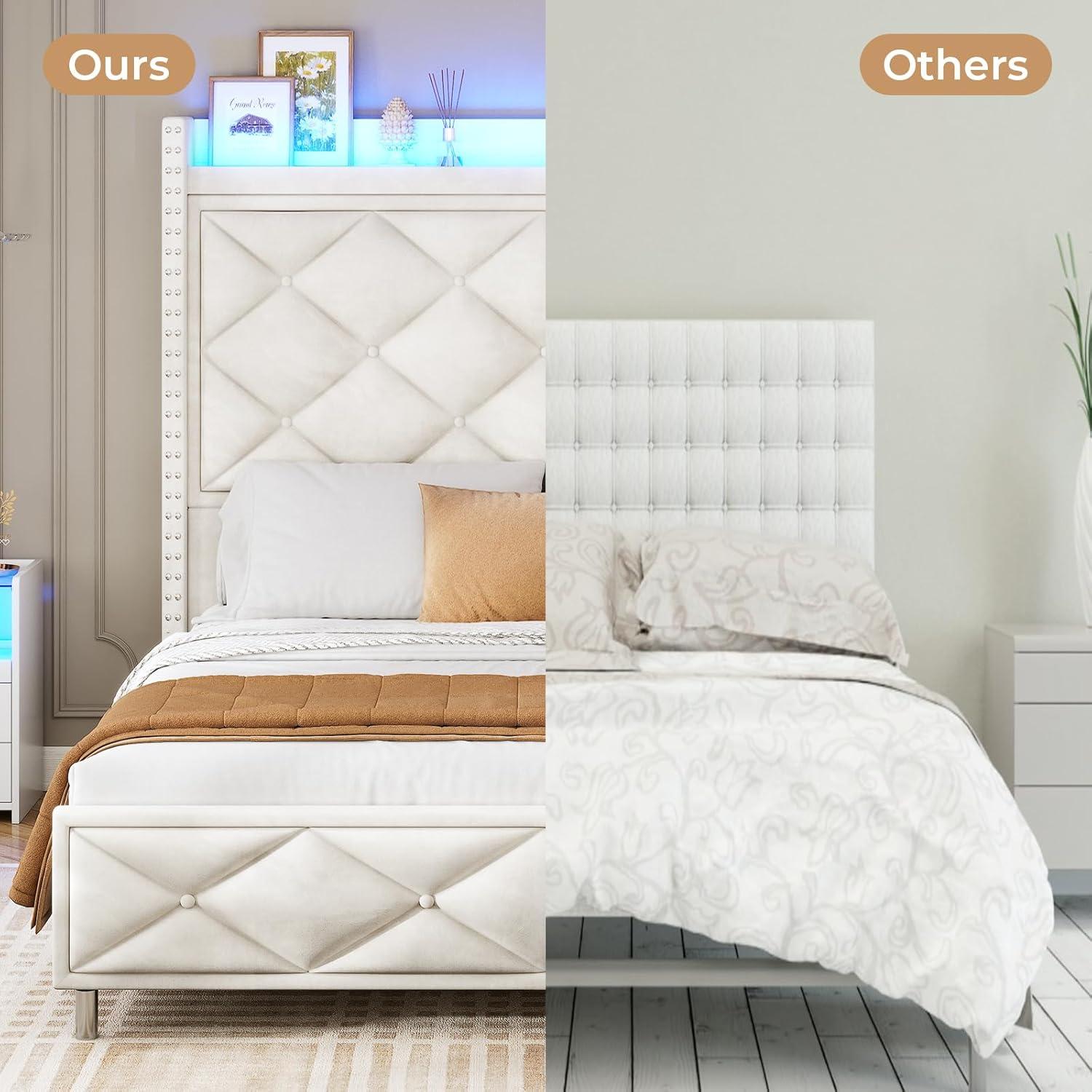 Beige Velvet Queen Bed Frame with Tall Lighted Headboard and Storage