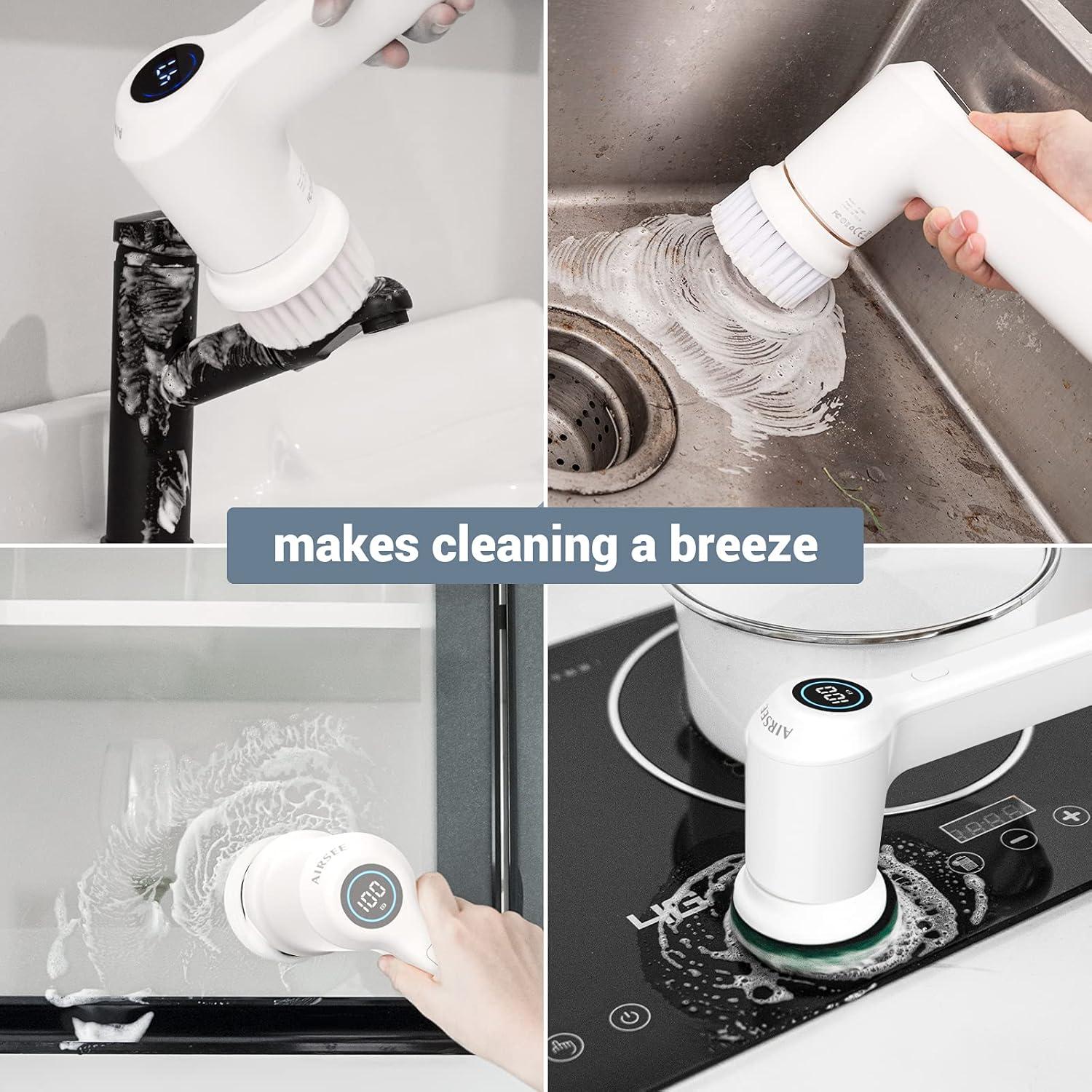 AIRSEE Cordless Electric Spin Scrubber, Handheld Power Shower Cleaner Brush, 2 speeds, 6 Replaceable Brush Heads for Cleaning Floor, Window, Bathroom, Kitchen, for Elderly & Busy Family