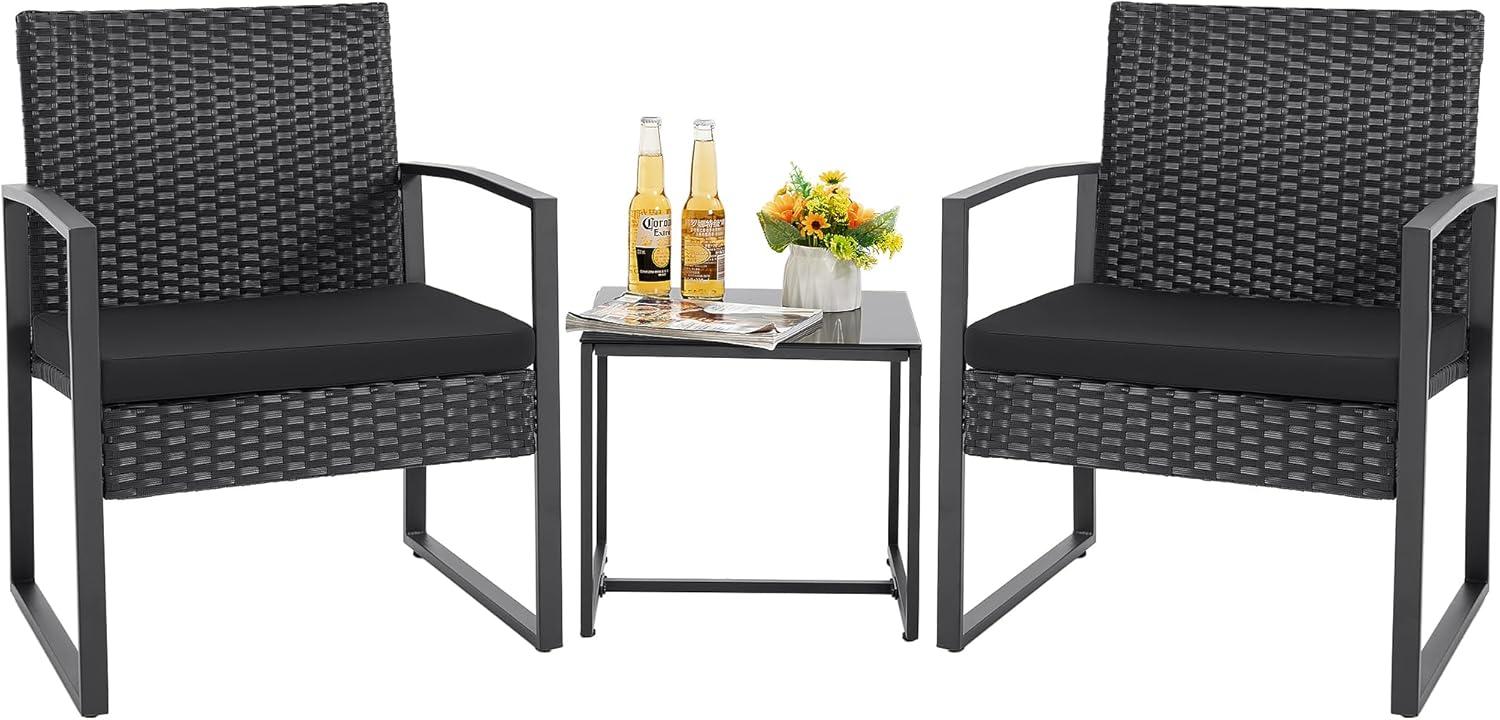 Black Wicker and Steel Outdoor Patio Set with Glass Table