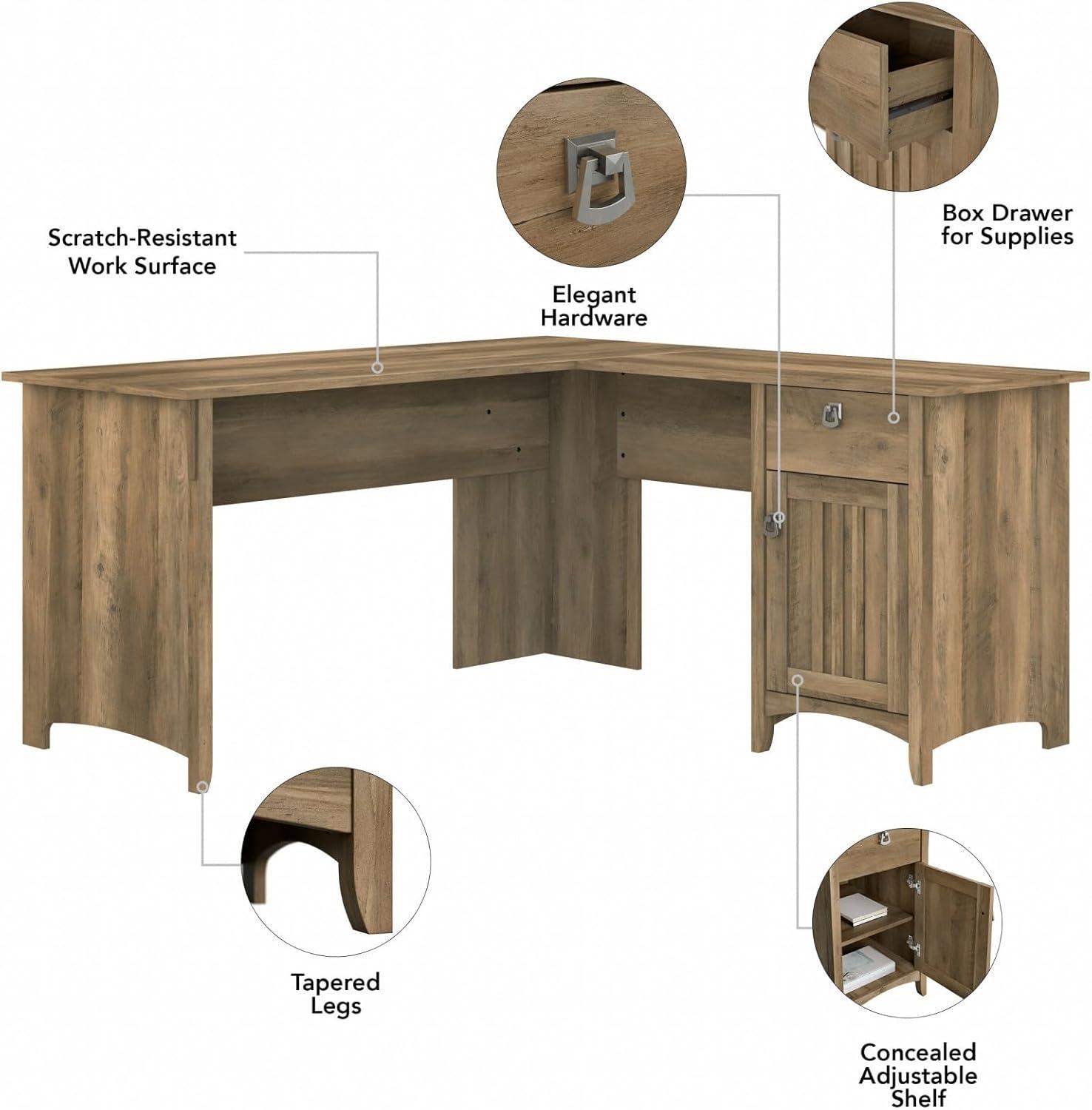 Bush Furniture Salinas 60" L Shaped Desk with Storage, Reclaimed Pine
