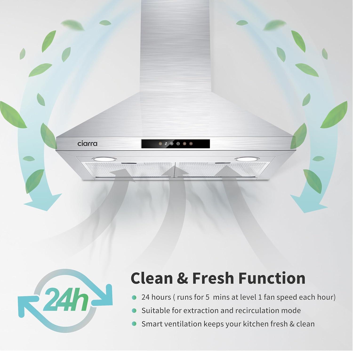 CIARRA Wall Mount Range Hood 30 inch 450CFM in Stainless Steel with Carbon Filter Kit for Recirculating CAS206P75-003