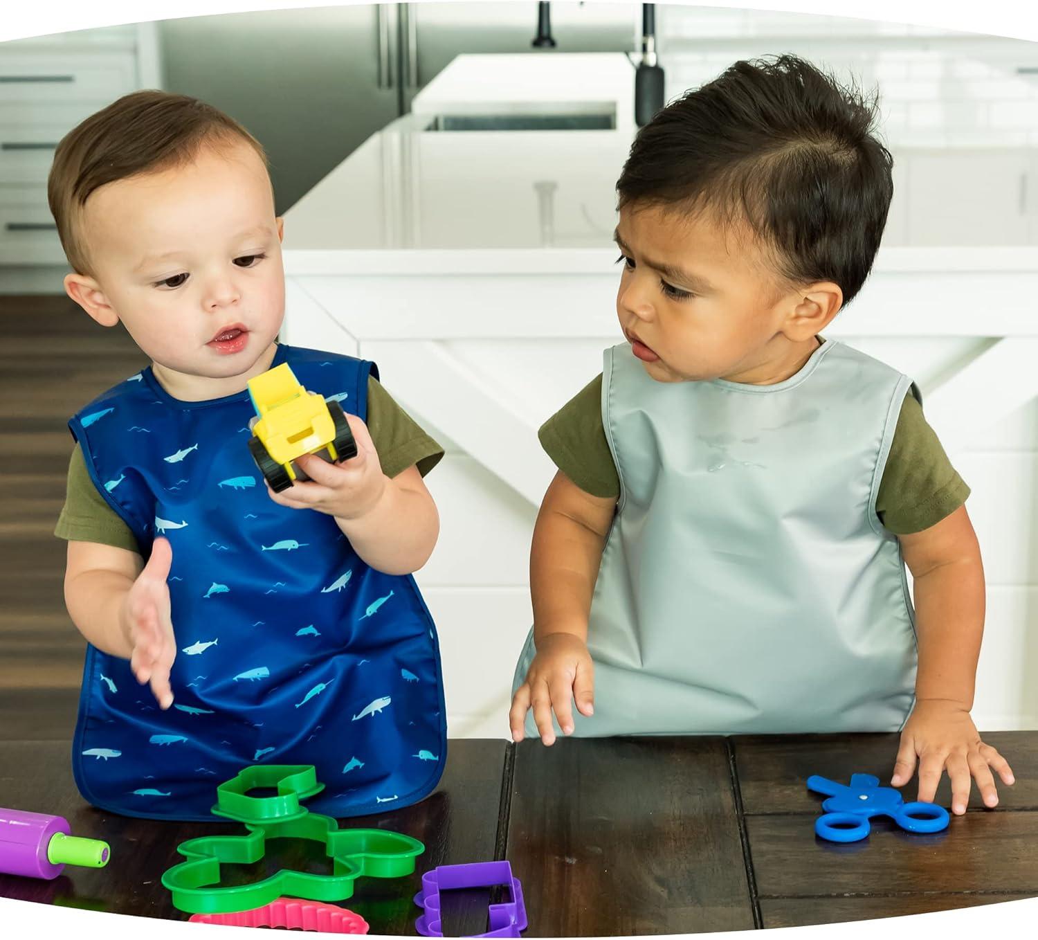 Tiny Twinkle 2-Pack Mess-Proof Apron Toddler Bib w/Tug-Proof Closure and BPA-Free (Sage Charcoal, Small 6-24 Months)