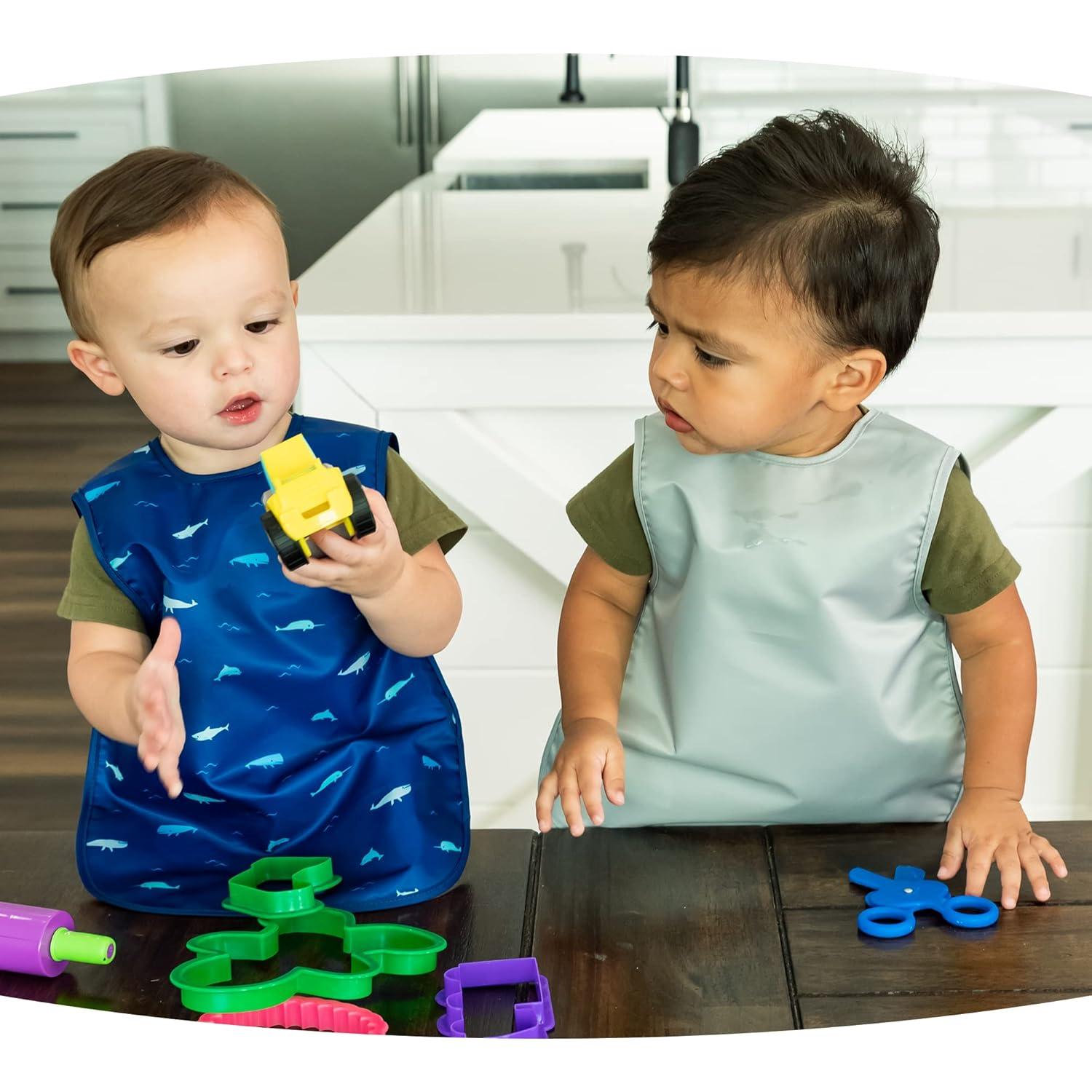 Tiny Twinkle 2-Pack Mess-Proof Apron Toddler Bib w/Tug-Proof Closure and BPA-Free (Sage Charcoal, Small 6-24 Months)
