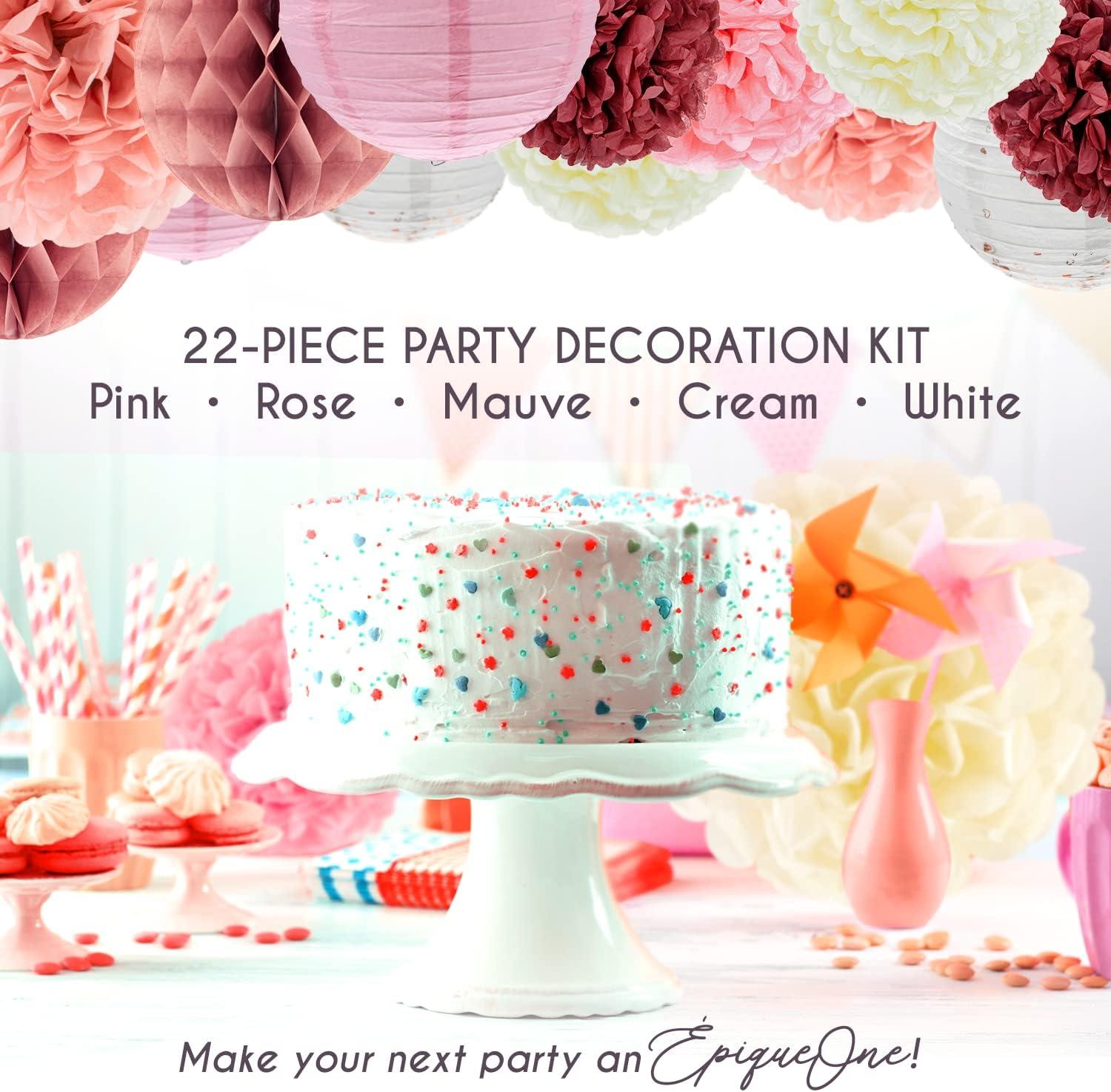 EpiqueOne 22-Piece Tissue Paper Pom Poms and Paper Lantern Party Kit - Add a Splash of White, Pink, & Mauve to Your Celebrations!