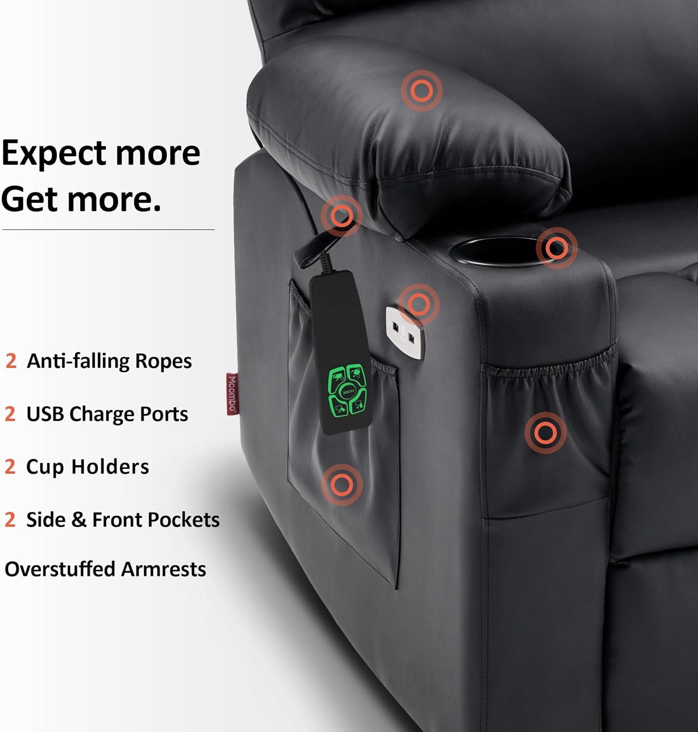 MCombo Dual Motor Large Power Lift Recliner Chair with Massage and Heat for Elderly Big and Tall People, Infinite Position, Extended Footrest, Faux Leather 7680 (Black, Large)