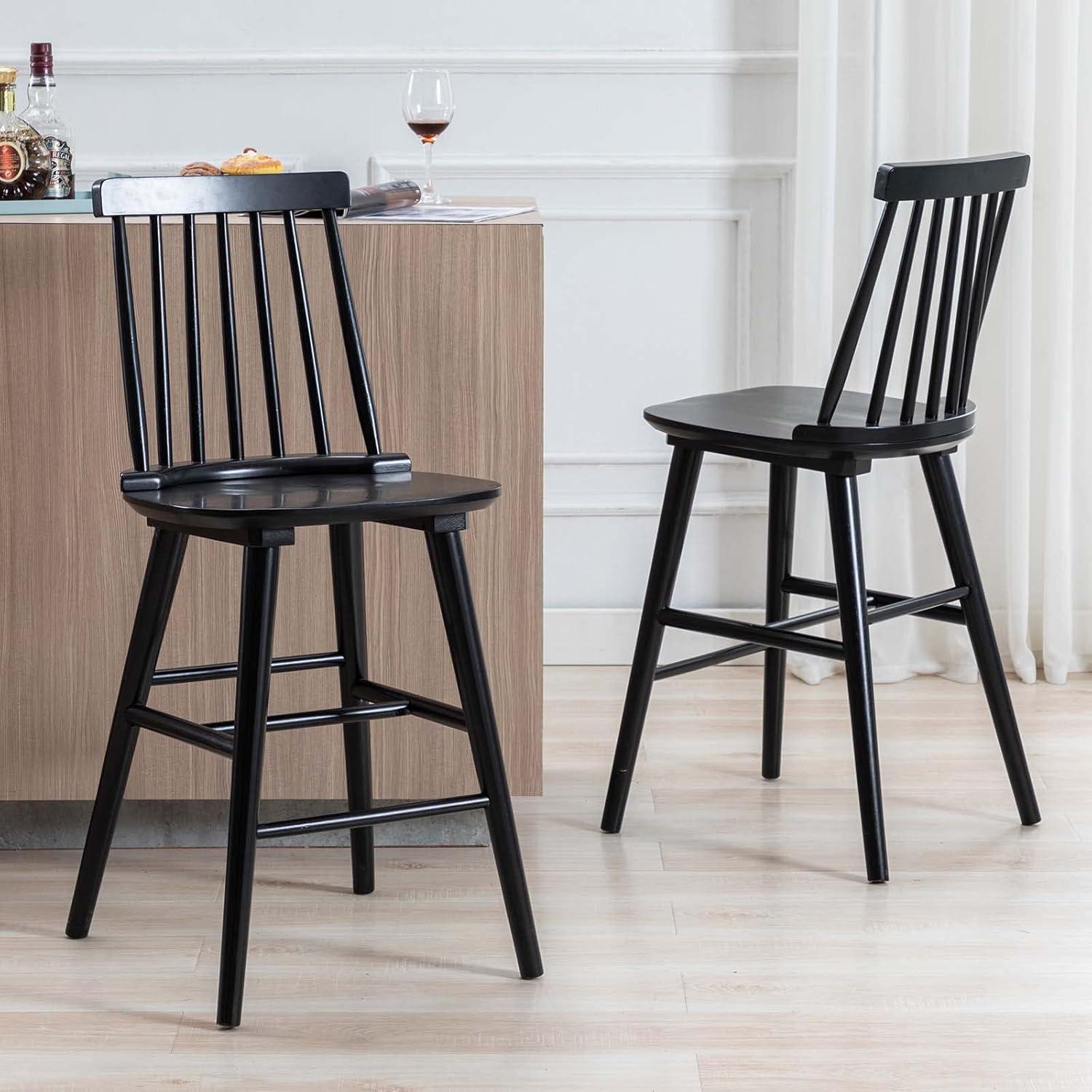 Black Rubber Wood Spindle Back Counter Stools, Set of 2