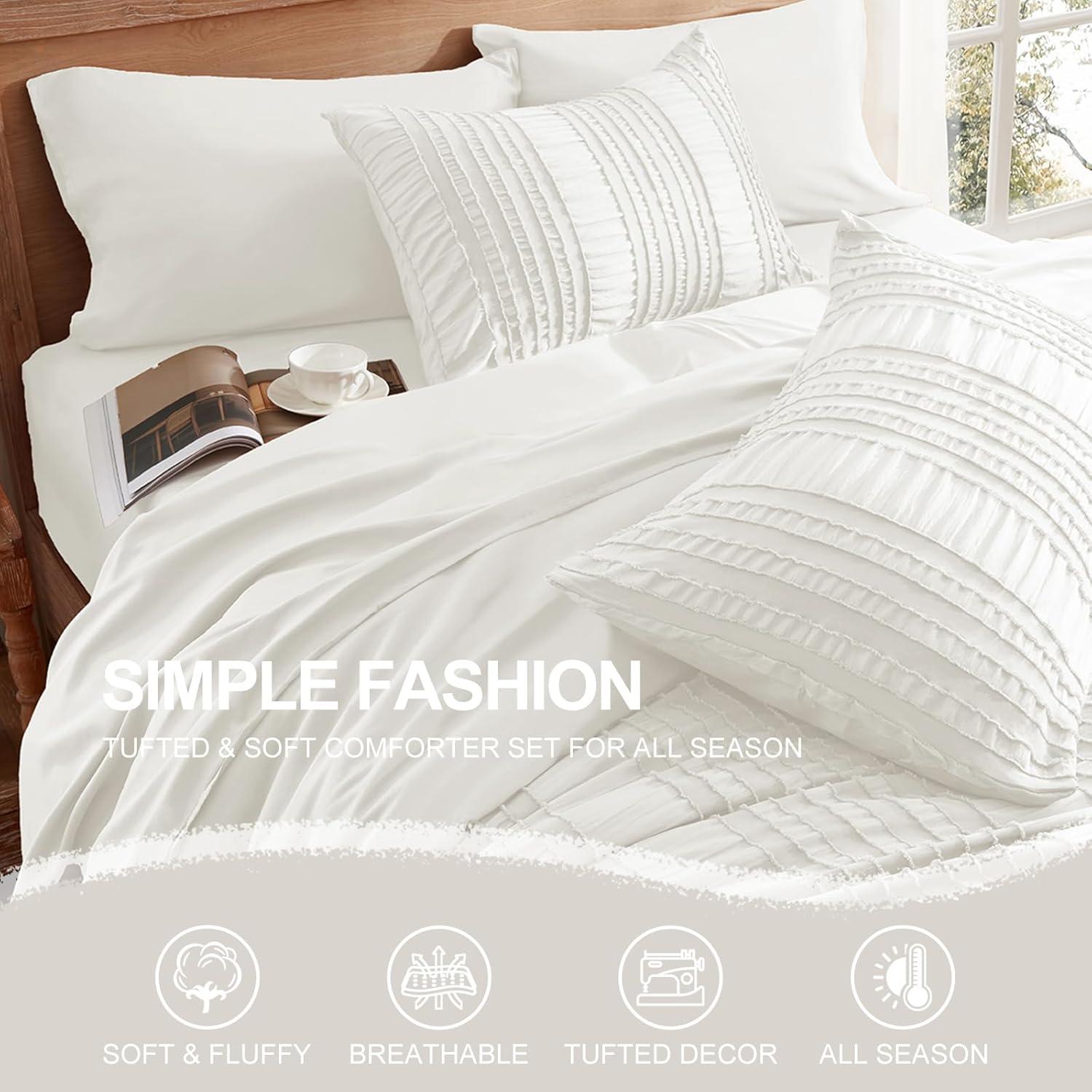 Queen Comforter Set 7 Pieces, White Tufted Bed in a Bag with Comforter and Sheets, All Season Boho Bedding Sets with 1 Comforter, 2 Pillow Shams, 2 Pillowcases, 1 Flat Sheet, 1 Fitted Sheet