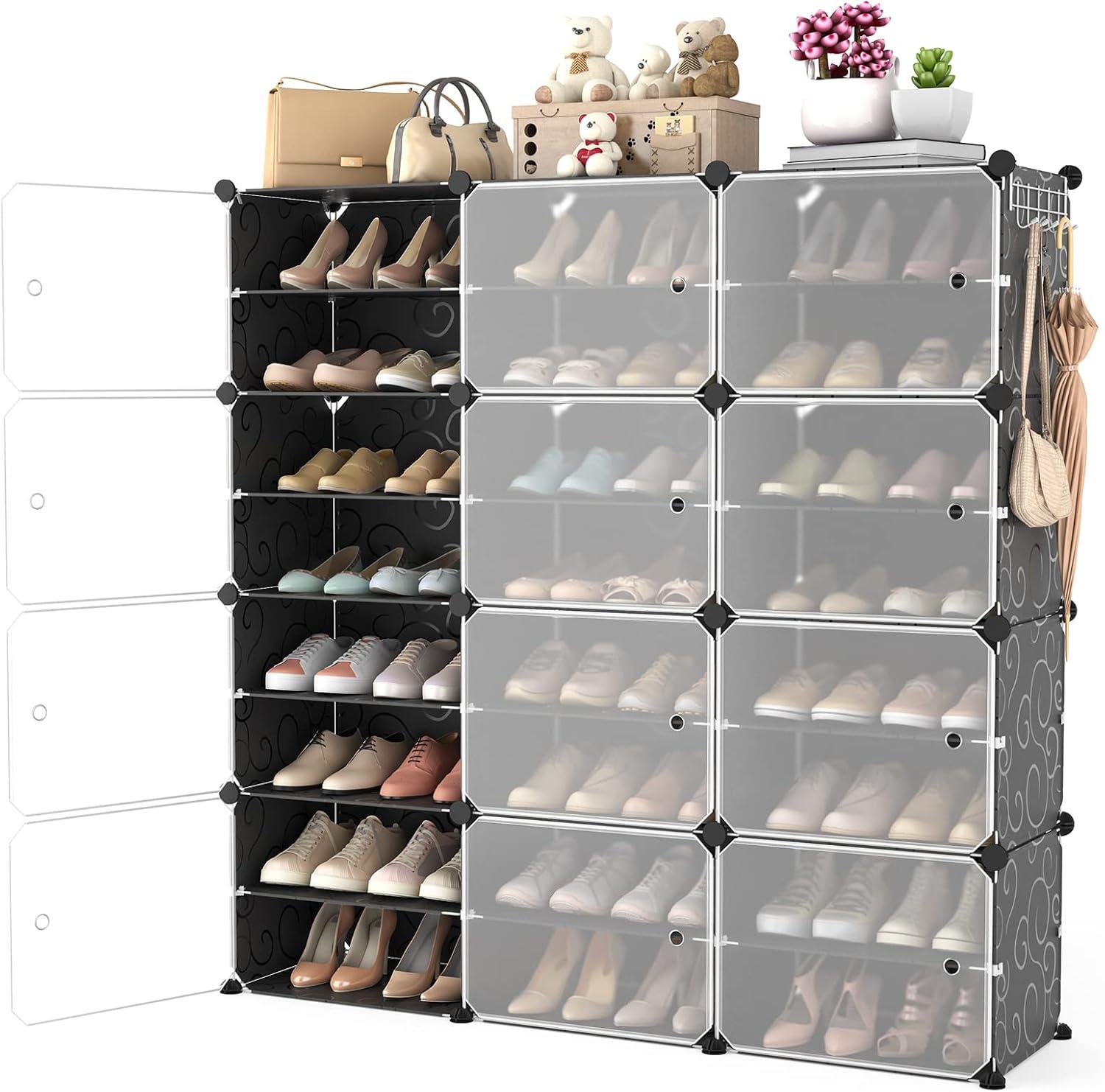 Shoe Rack Organizer with Door, 48 Pairs Shoe Storage Cabinet Easy Assembly, Plastic Stackable DIY