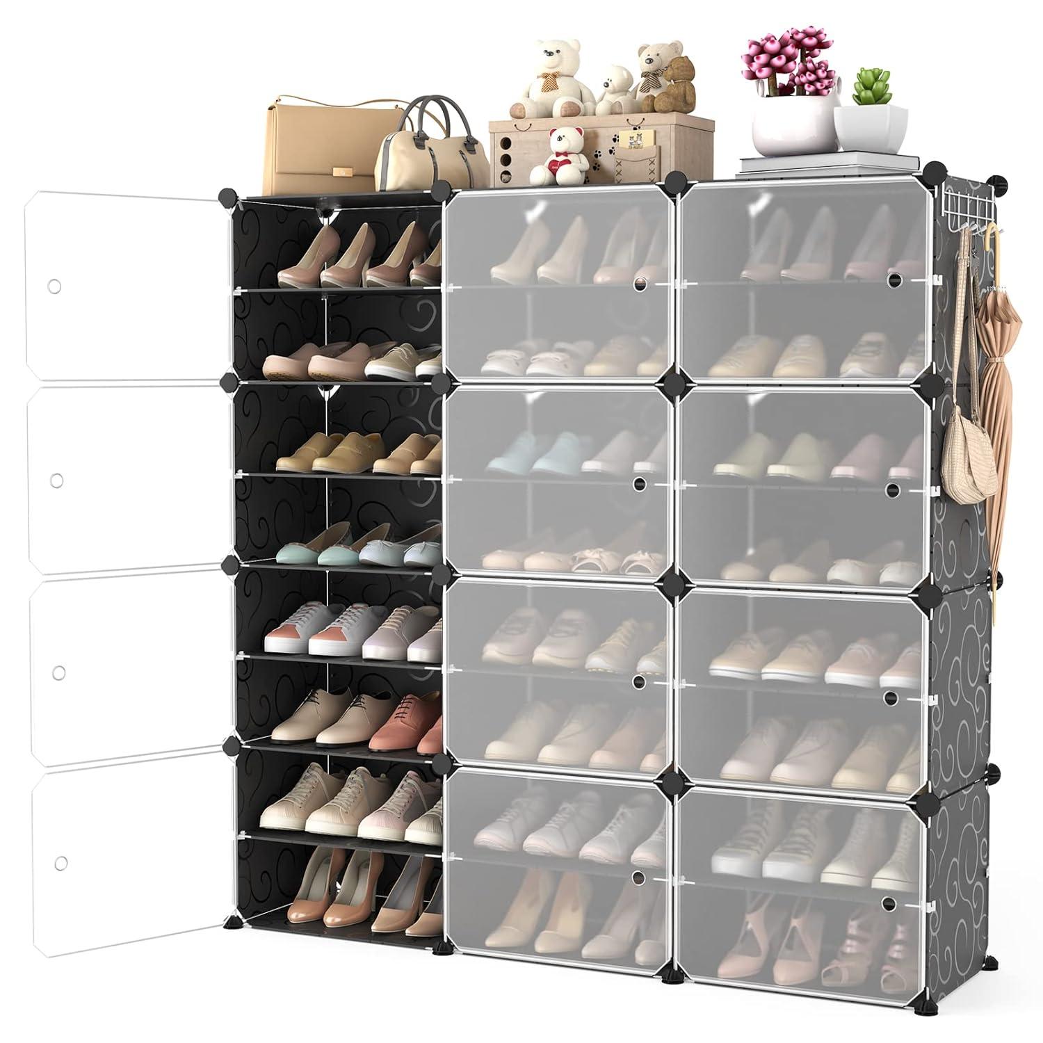 Shoe Rack Organizer with Door, 48 Pairs Shoe Storage Cabinet Easy Assembly, Plastic Stackable DIY