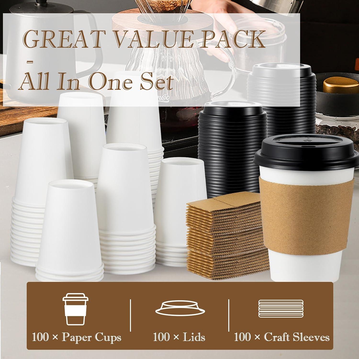 GUSTO 12 Oz Paper Cups Disposable Coffee Cups with Lids & Coffee Sleeves, 100 Sets