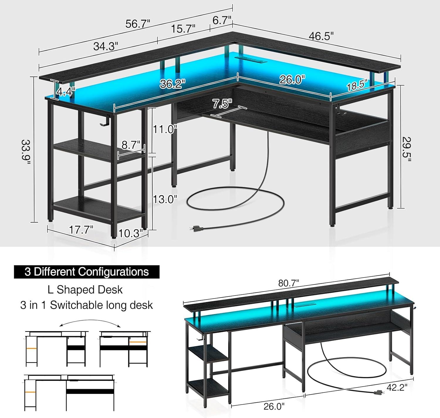 Killeryuki Computer Desk L Shaped 56.7" with LED Lights and Power Outlets, Reversible L Shaped Gaming Desk with Monitor Stand, Home Office Desk with Storage, Desk with USB Port and Hook, Black