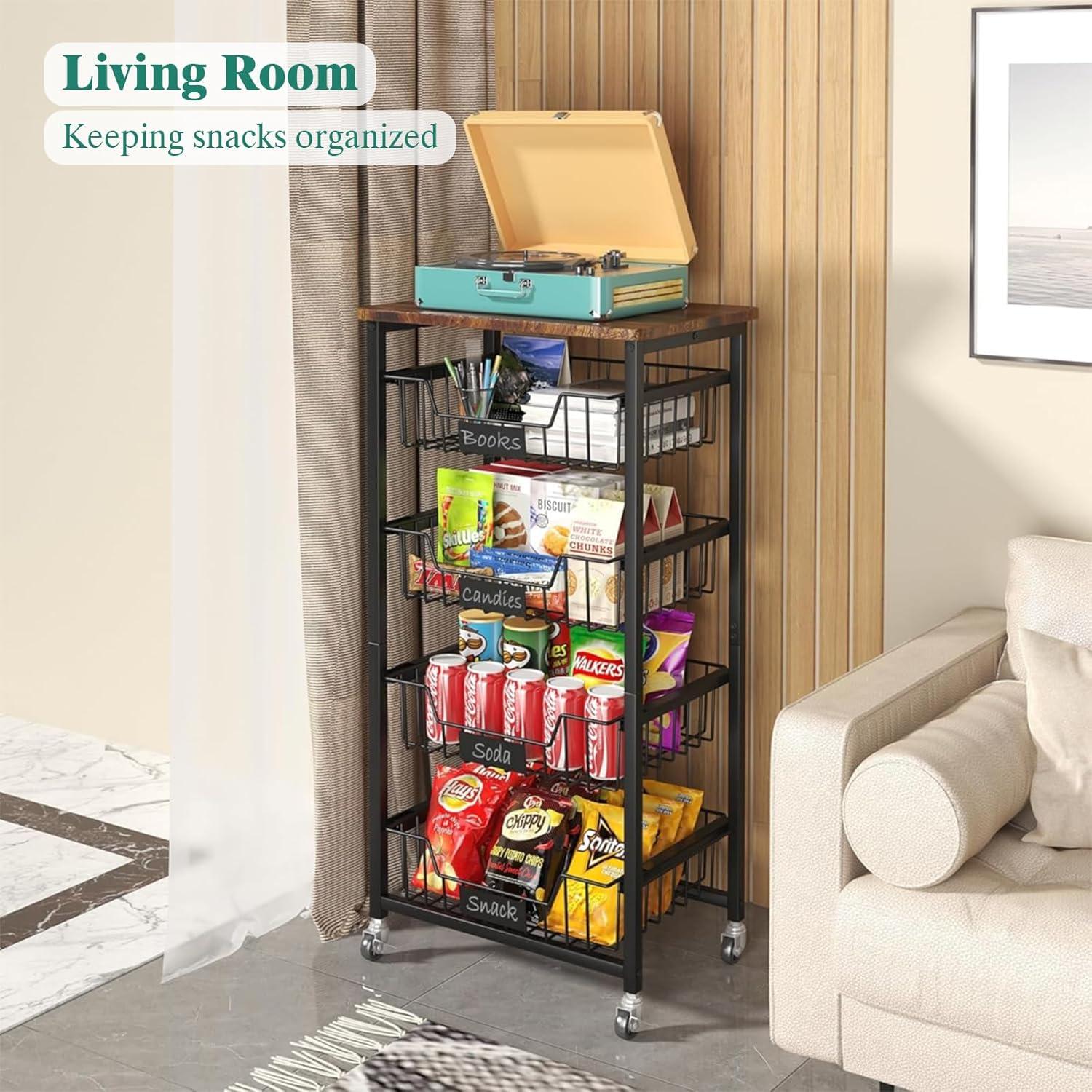 5-Tier Black Metal and Wood Kitchen Storage Cart with Baskets