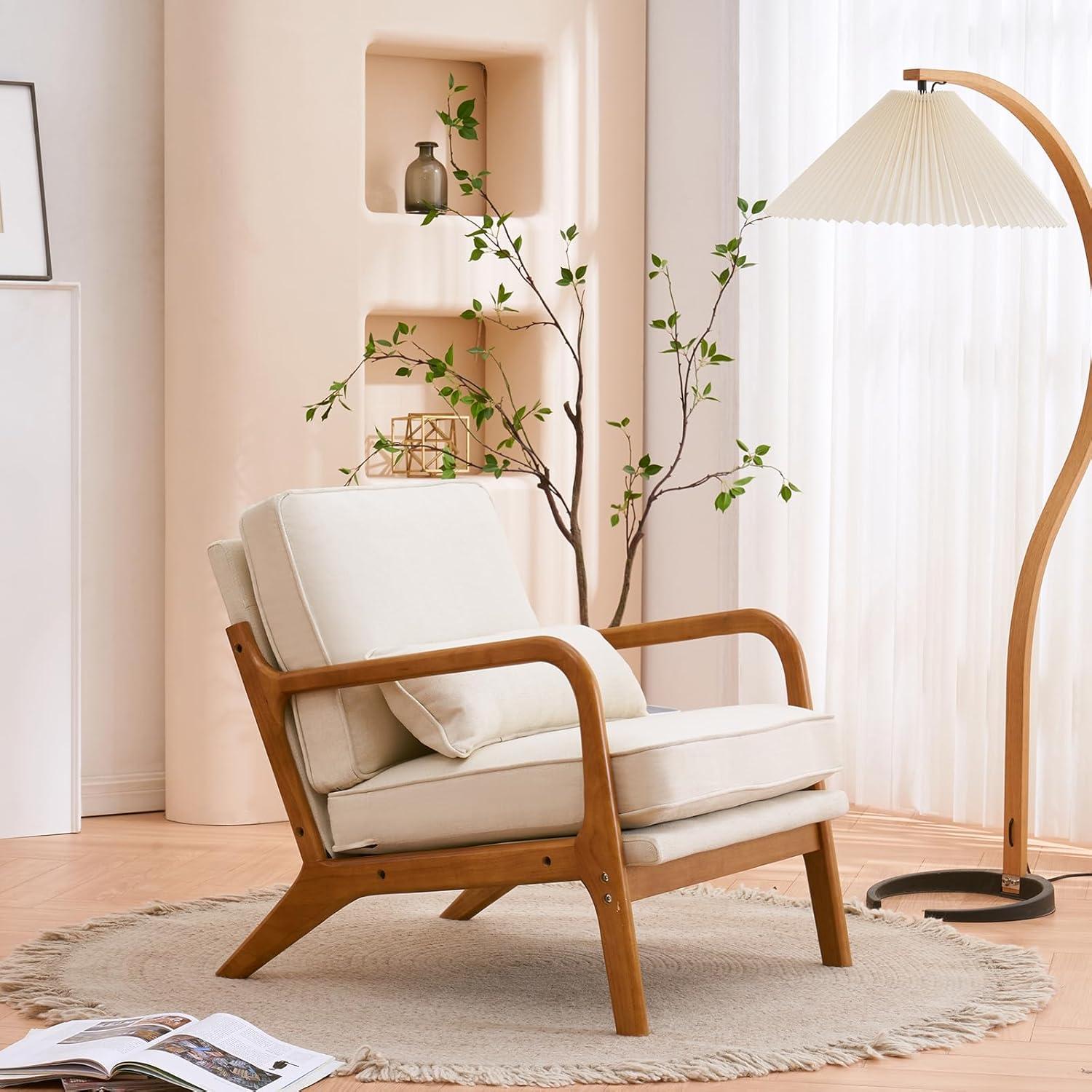 JULY'S SONG Mid-Century Wood Upholstered Fabric Solid Print Armchair, Beige (Set of 2)