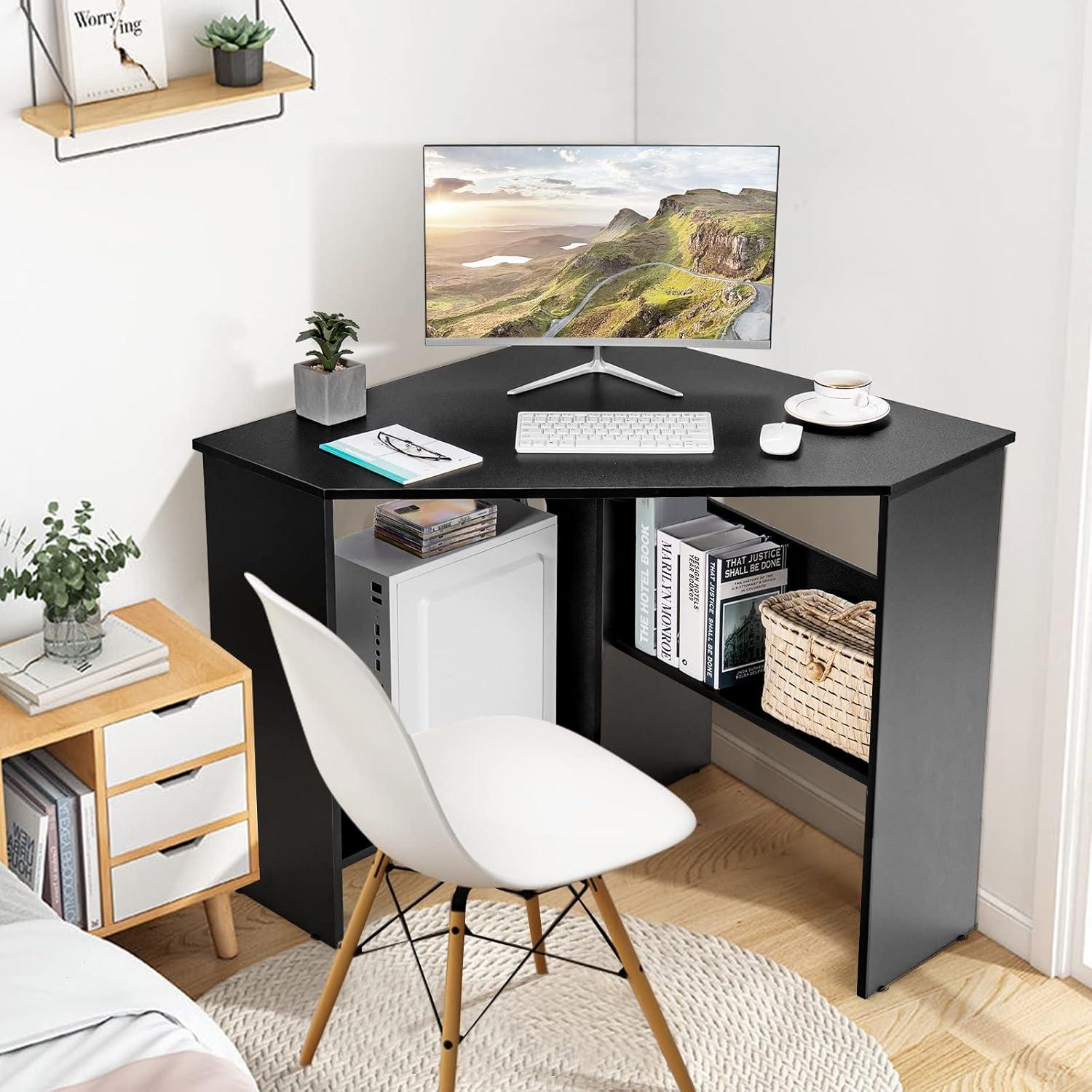 Costway Corner Computer Desk Triangle Writing Workstation w/ Storage Shelf Black