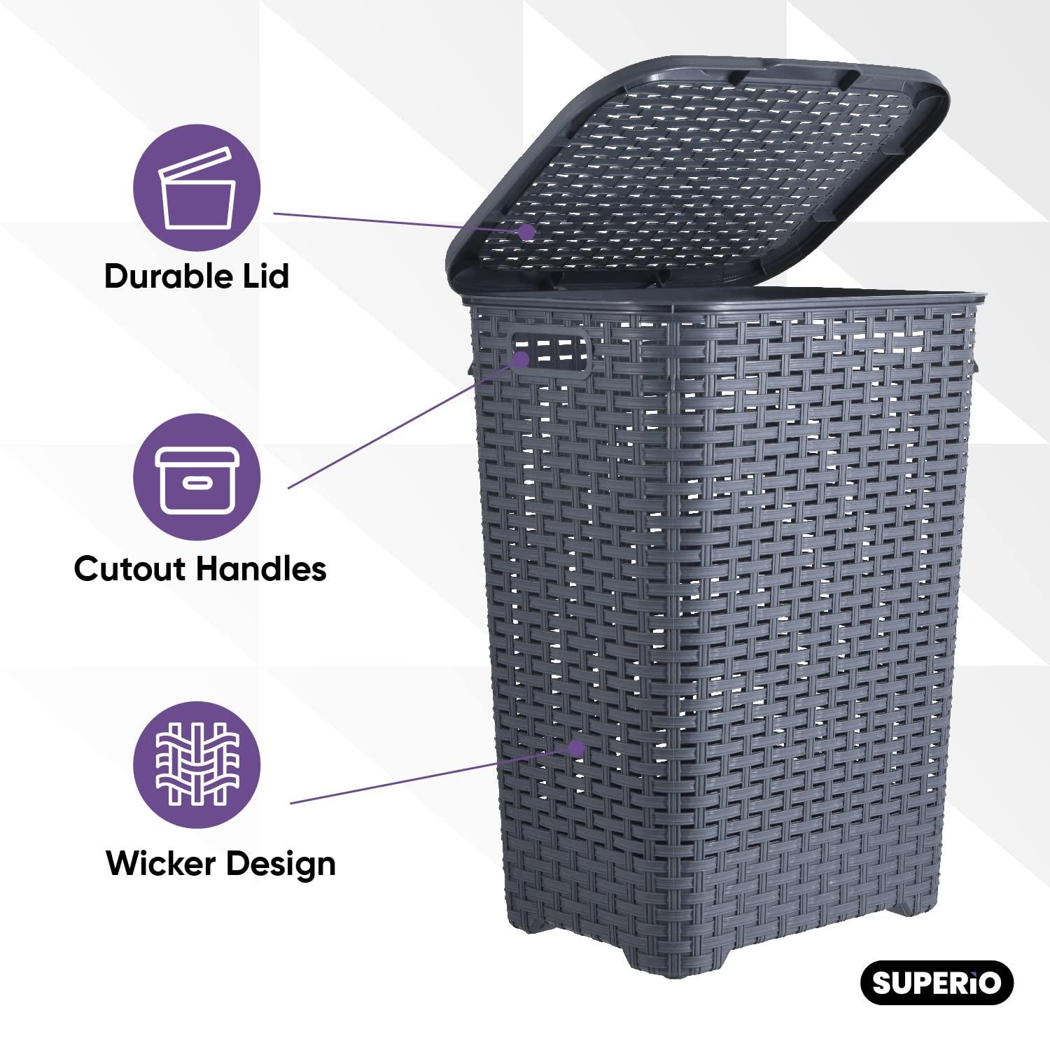 Laundry Basket, Laundry Hamper with Lid, Large 60-liter Wicker Style Hamper with Cutout Handle, to Storage Dirty Clothes in Washroom, Bathroom, Bedroom, or Dorm Room, Grey Color. By Superio