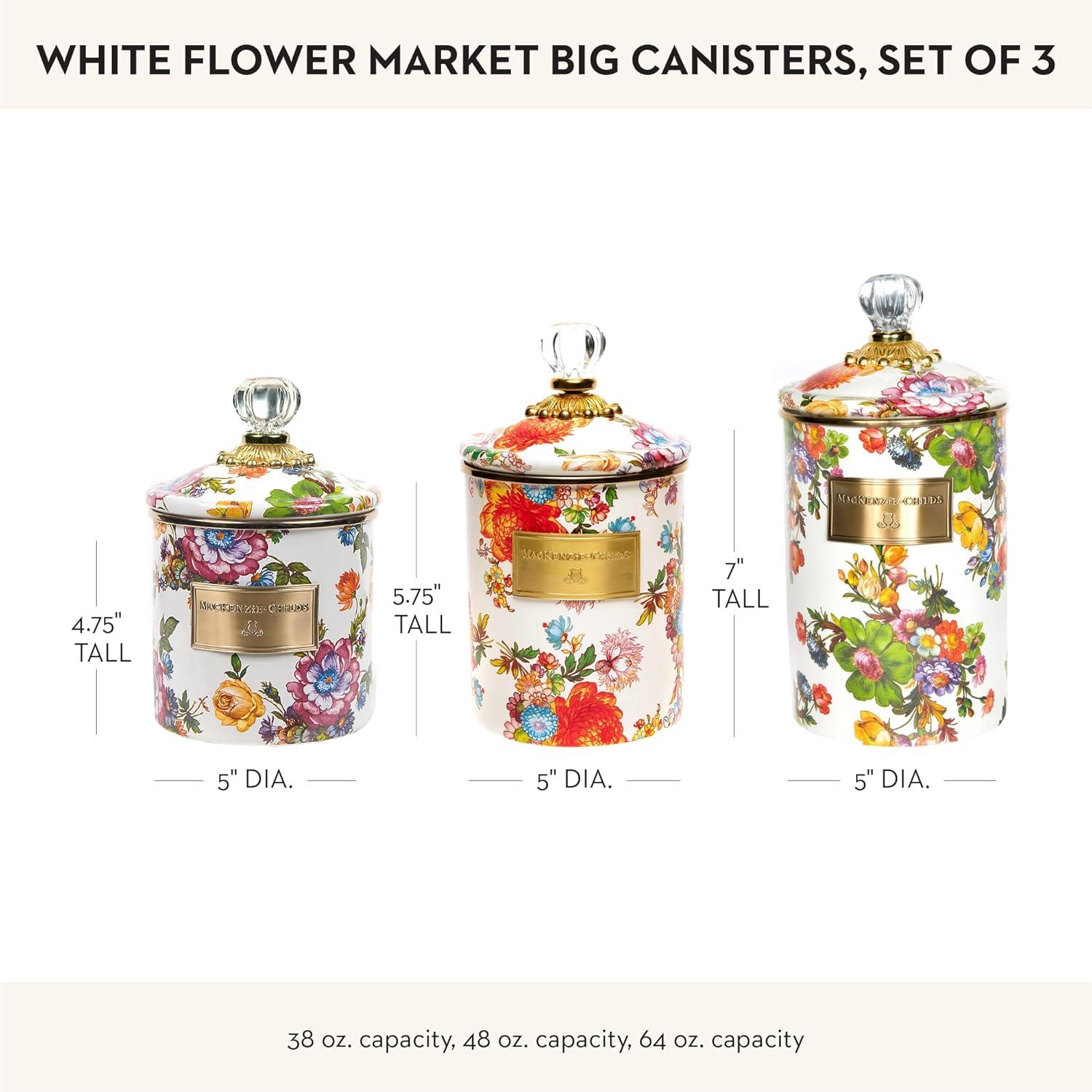 White and Gold Floral Enamel Canister Set with Glass Knobs