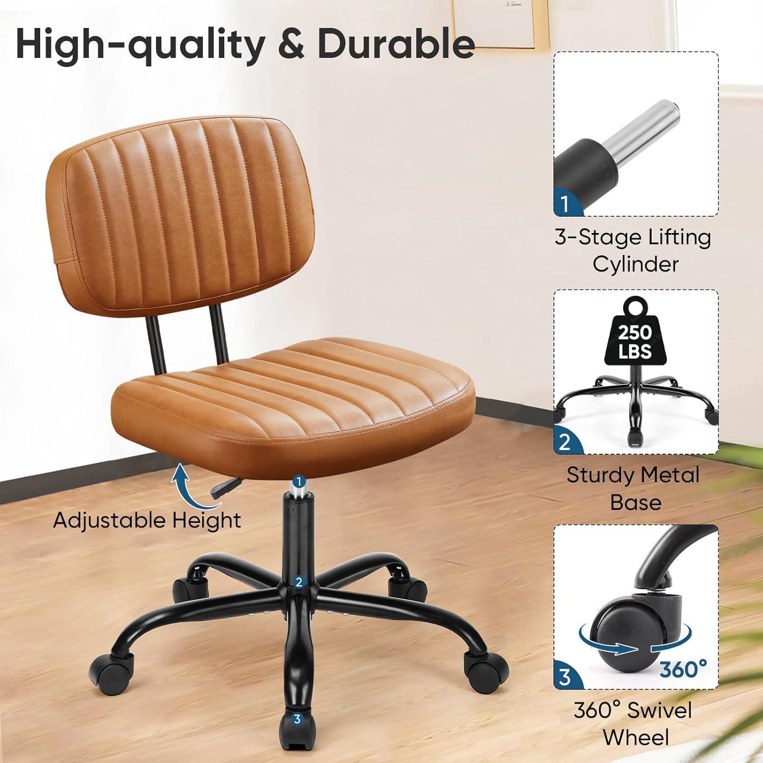 Armless Home Office Chair Ergonomic Desk with Comfy Low Back Lumbar Support, Height Adjustable PU Leather Computer Task with 360° Swivel Wheels, for Small Space, Kids and Adults, Brown