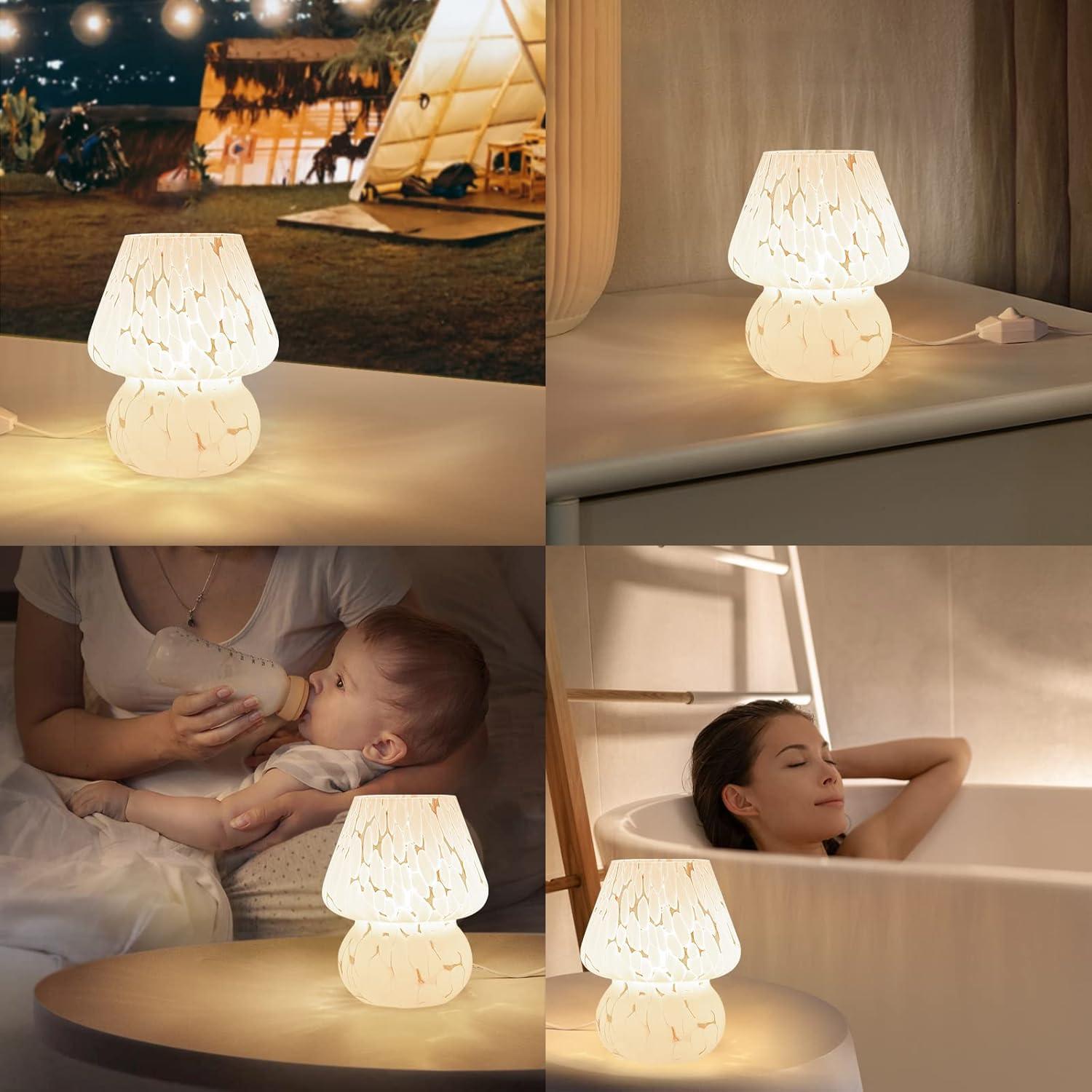 Mushroom Table Lamps Set of 2, Dimmable Glass Bedside Lamp, Cute Small Nightstand Lamp for Living Room, Bedroom, Home Decor, 7.1'' H, White