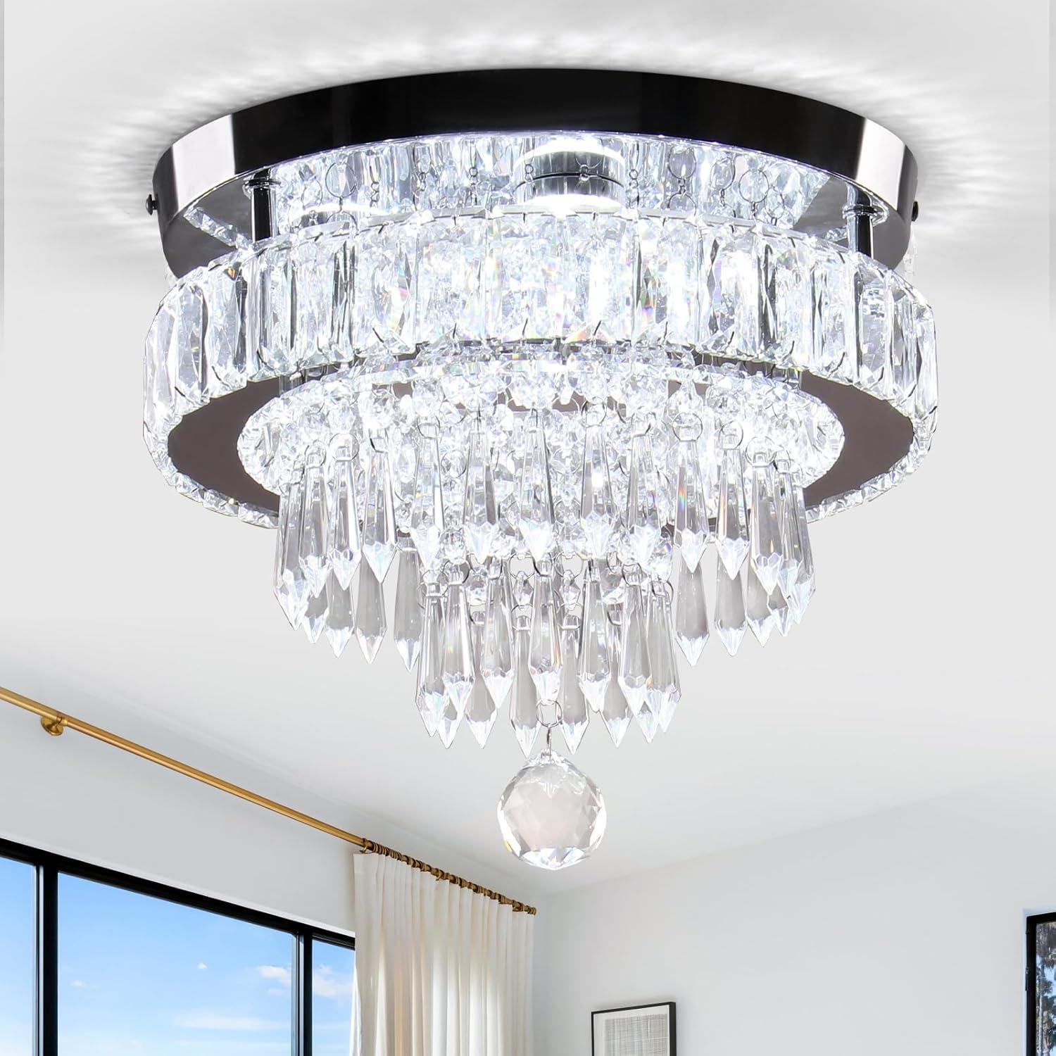 House of Hampton® House of Hampton® 11.8" Crystal Chandeliers Modern Crystal Ceiling Light LED Chandeliers Semi Flush Mount Chandelier Light for Bedrooms Dining Living Room Hallway (6500K Cool White Light)