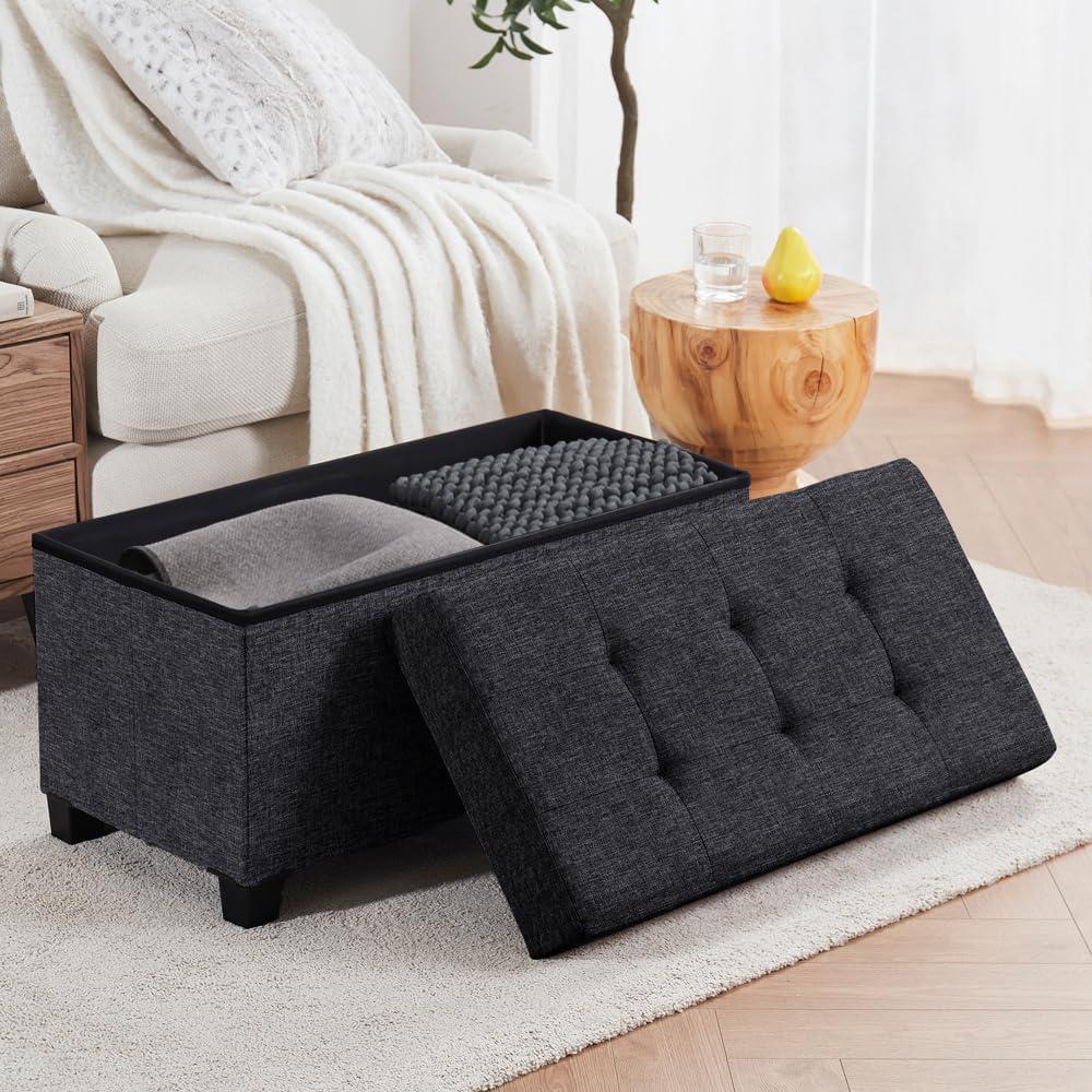 Ornavo Home Foldable Tufted 30 Inch Linen Bench Storage Ottoman with Legs - Black