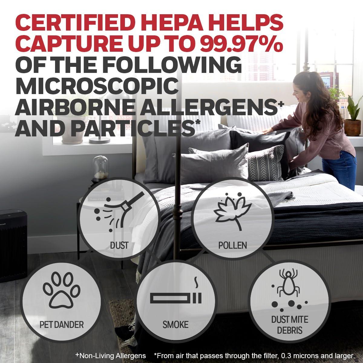 Honeywell Air Purifier, HPA5300B, 500 sq ft, HEPA Filter,  Allergen+ Plus, Smoke, Pollen, Dust Reducer