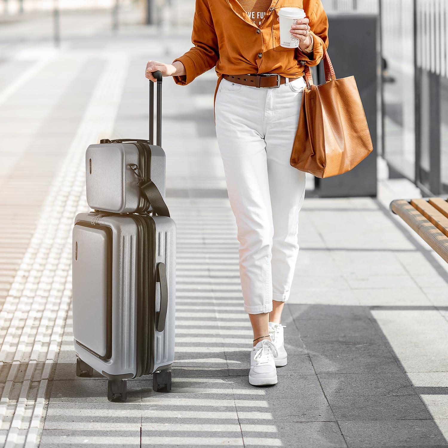 TravelArim 22" Airline Approved Hard-shell Carry On Luggage with Attachable Cosmetic Case - Gray