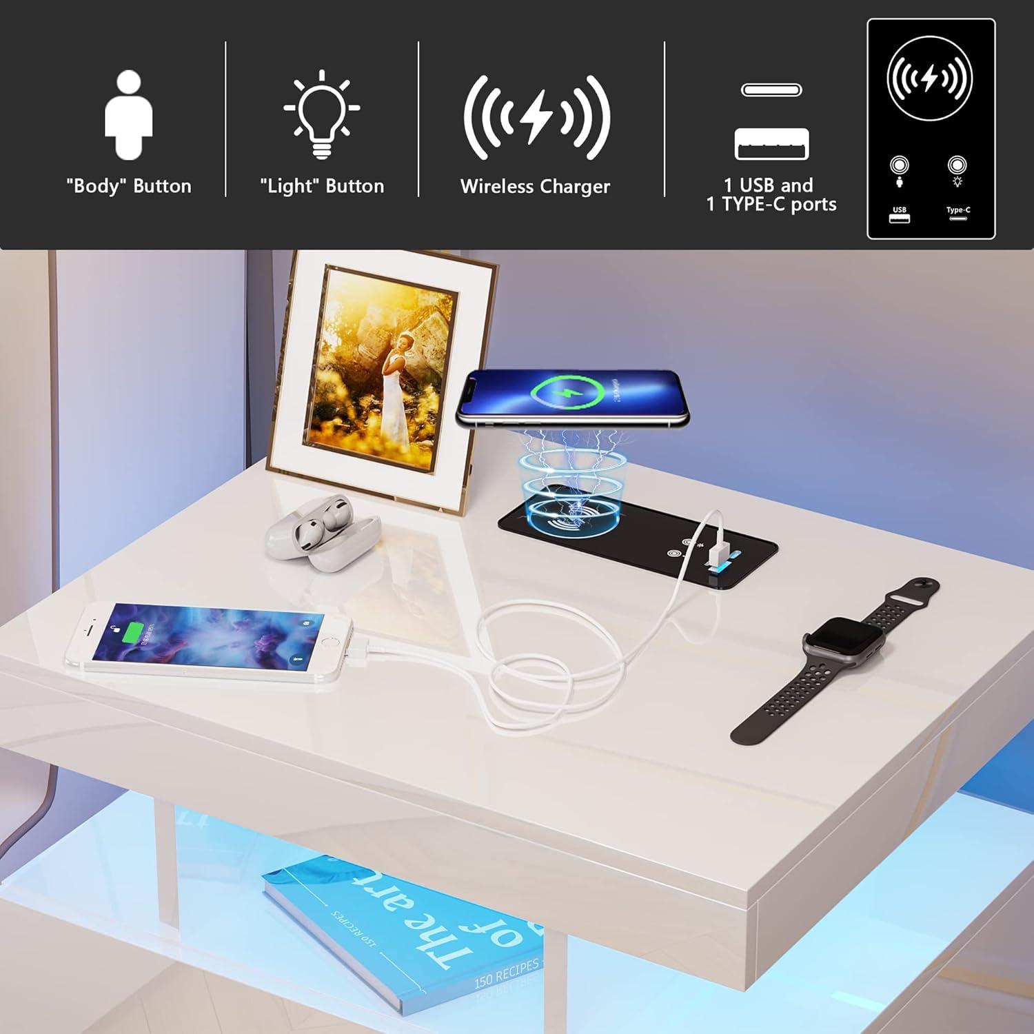 HNEBC Smart LED Nightstand with Wireless Charging & USB Ports, High Glossy Night Stand with 3 Drawers and 1 Pull-Out Tray, Modern Bedside Table with Human Sensor for Bedroom (White)