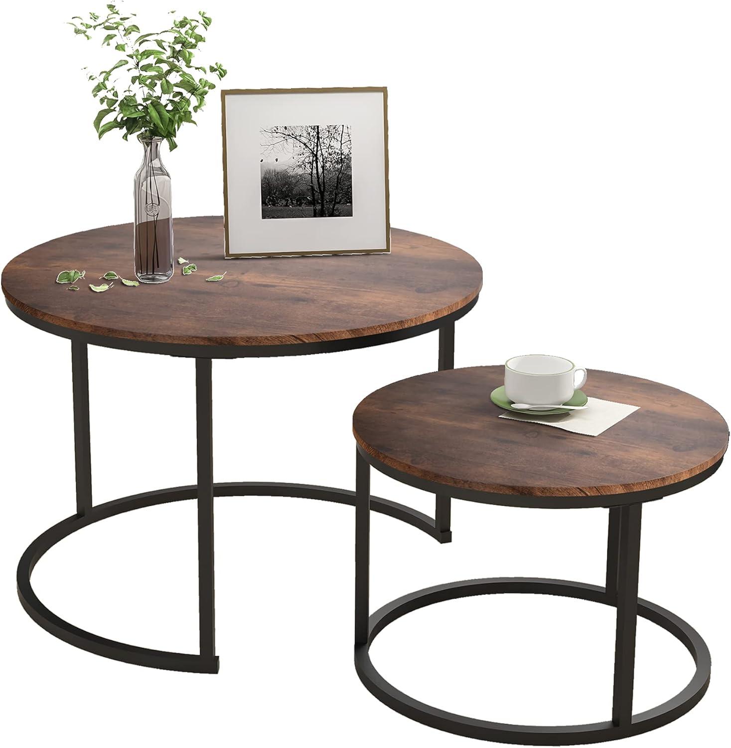 Industrial Round Coffee Table Set with Black Metal Frame and Rustic Brown Wood Look