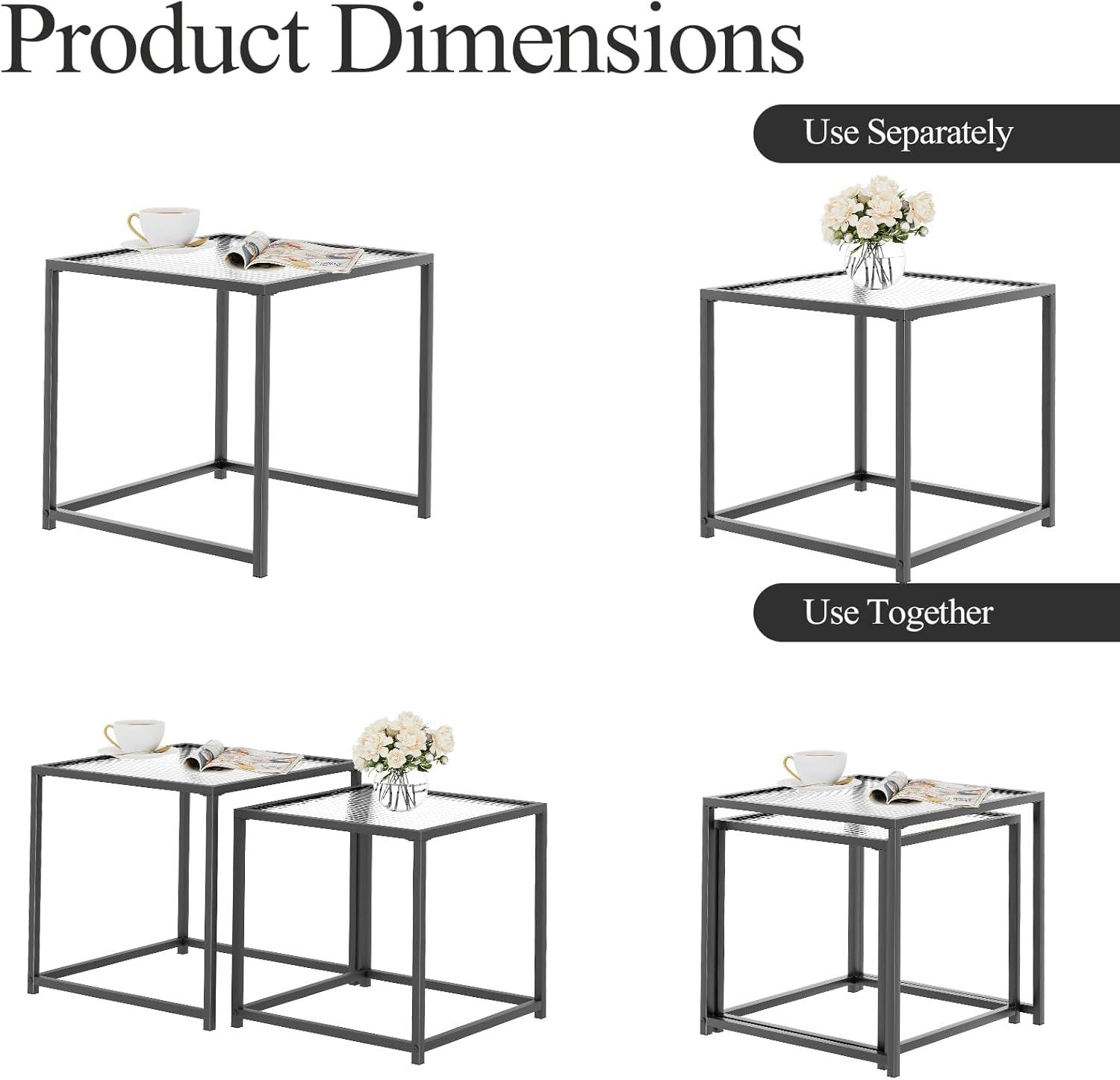VILAWLENCE Coffee Table Set of 2, Modern Black Patterned Glass Side Table, Metal Frame Square End Table, Center Tables Nesting Coffee Table for Living Room,Bedroom and Small Spaces