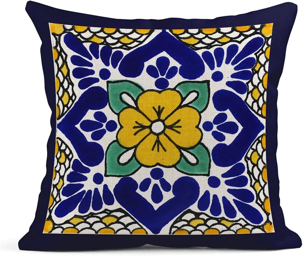 Exotic Geometry Linen Pillow Covers - Set of 4 Spanish Talavera Dark Retro Ethnic Home Decor 18"x18" Flax Cushion Cases Square Pillowcases