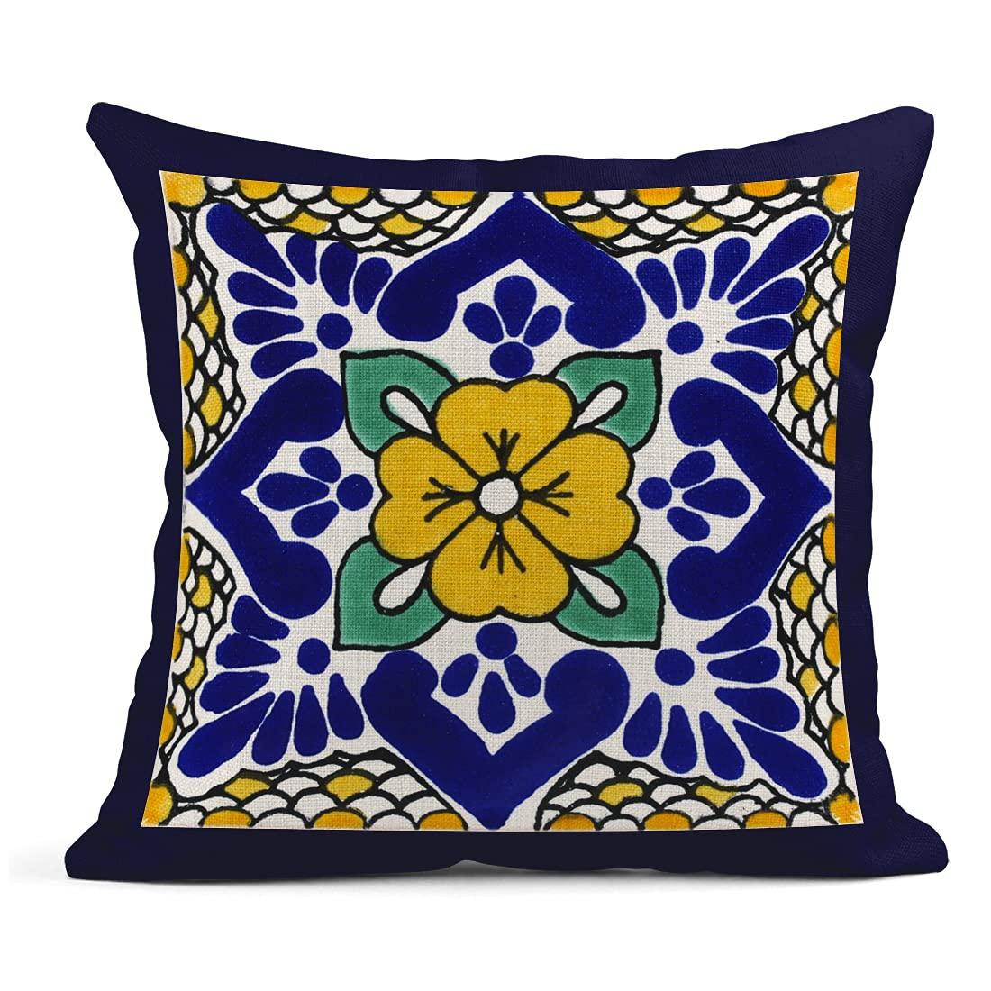 Exotic Geometry Linen Pillow Covers - Set of 4 Spanish Talavera Dark Retro Ethnic Home Decor 18"x18" Flax Cushion Cases Square Pillowcases