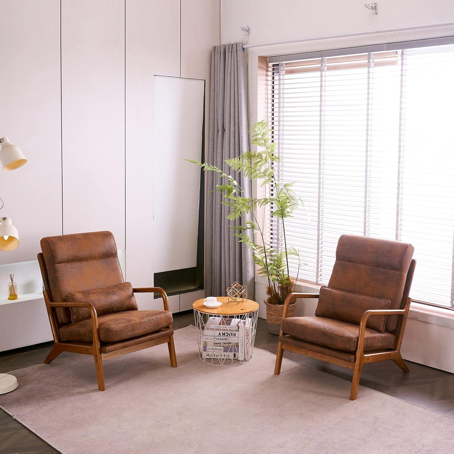 Mid-Century Modern High Back Brown Wood Accent Chair