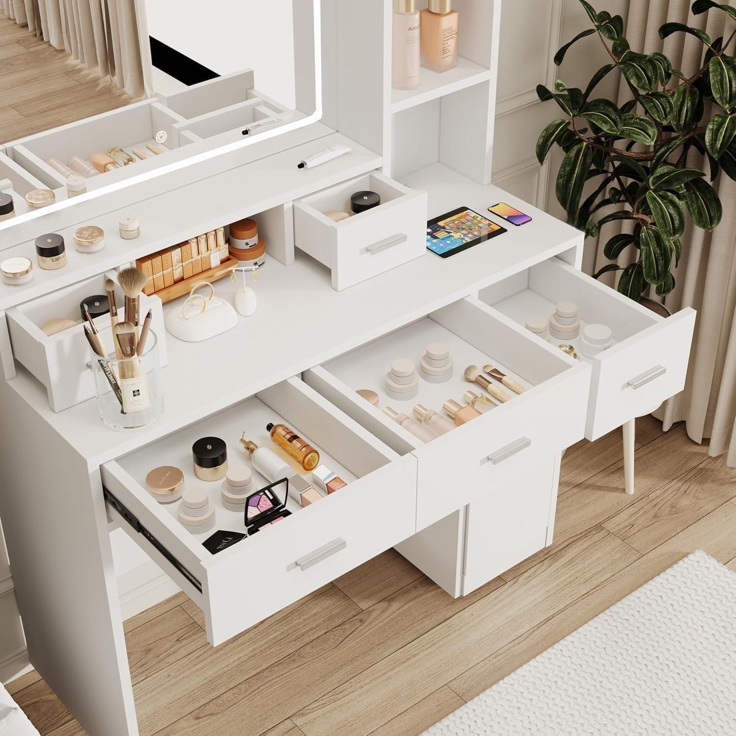 Vanity Desk with Large LED Mirror, Large Vanity Table with Charging Station, Makeup Vanity Desk with Drawers for Bedroom Dressing Room, Women Girls